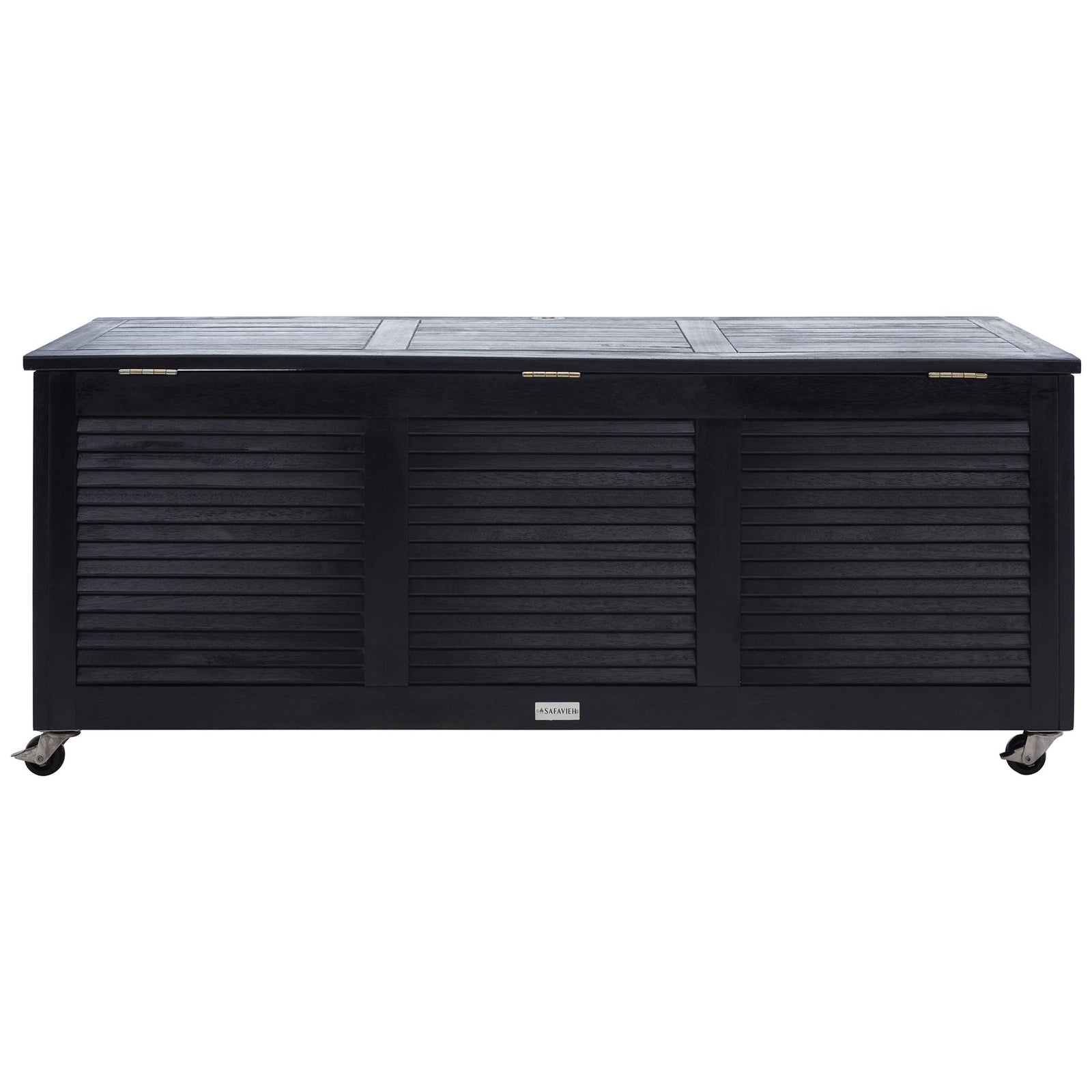 Hinged slatted lid and three louvered panels give this black wheeled storage box a tailored finish || PAT7038D || back_studio