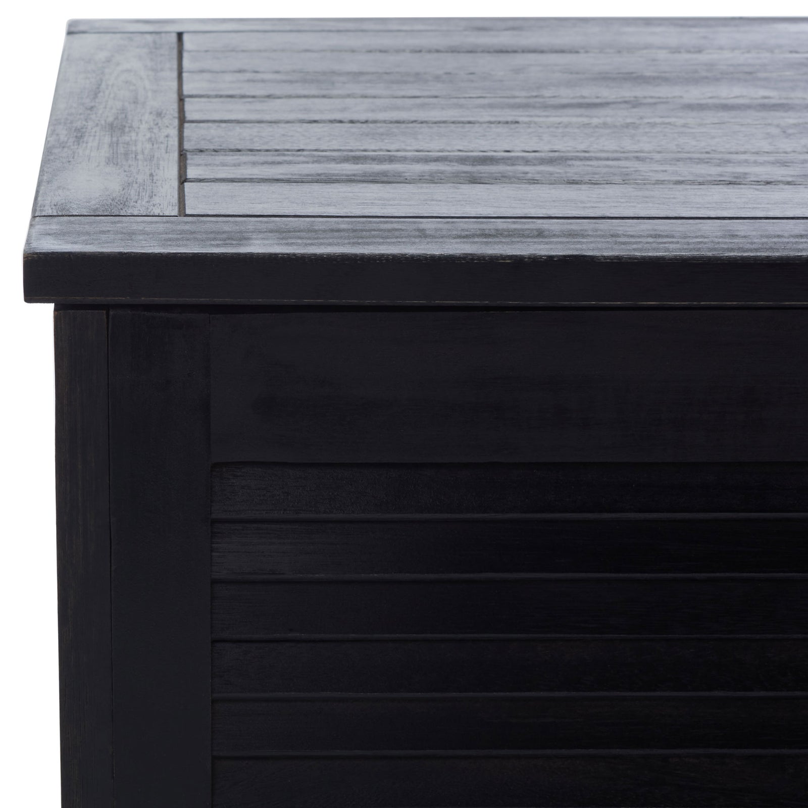 Dark wood grain and a sturdy corner frame accent the black louvered storage box || PAT7038D || detail_studio