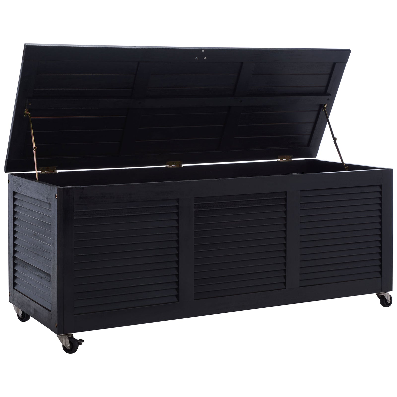 Black slatted lid opens wide on support arms for easy access to spacious storage || PAT7038D || front_angle_open_studio