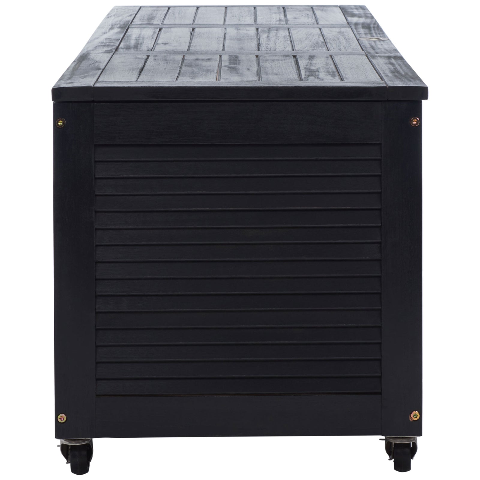 Louvered black wood end panel and caster wheels complete the outdoor cushion box || PAT7038D || side_studio