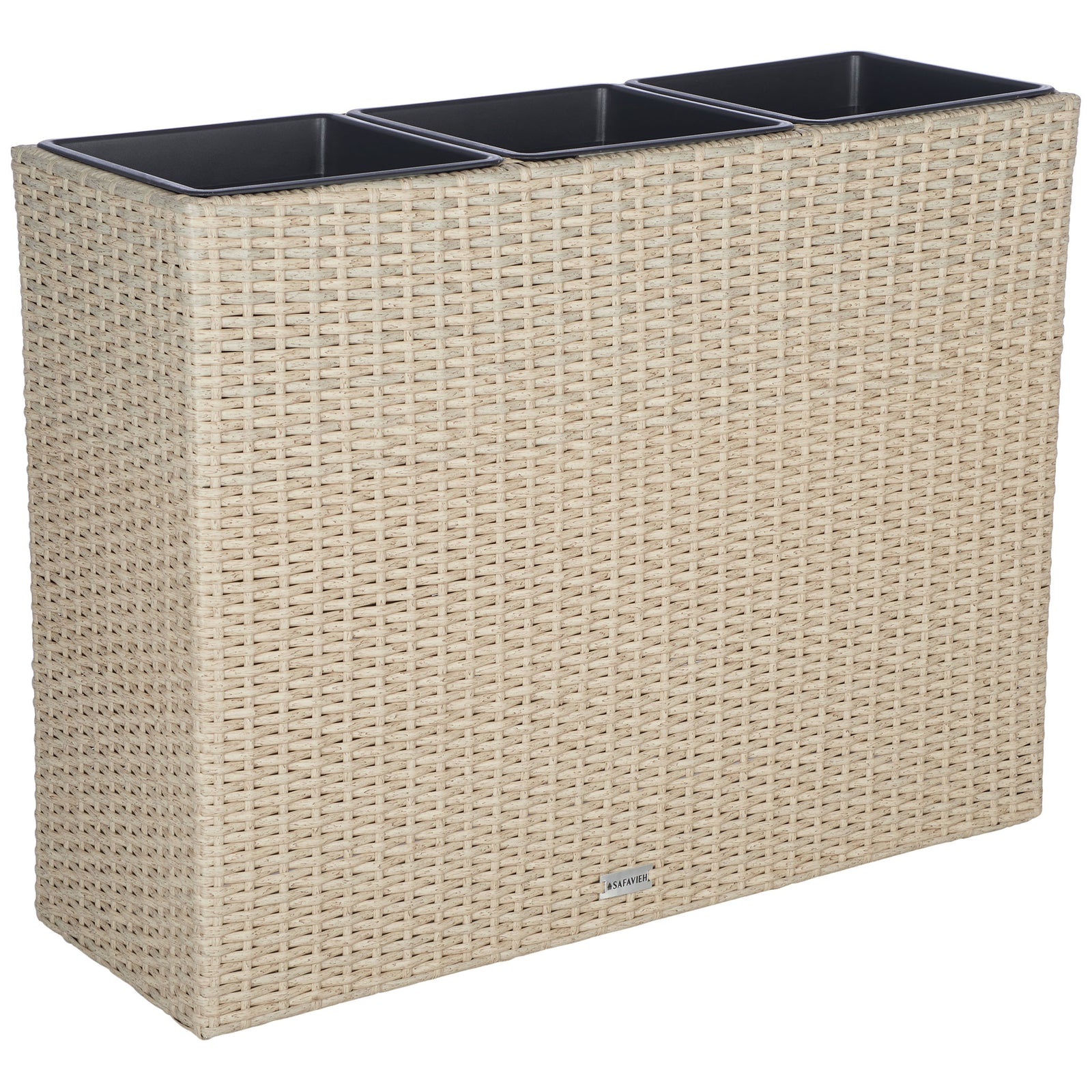 Three black liners nest inside a slim planter wrapped in beige wicker. || PAT7705B || back_angle_studio