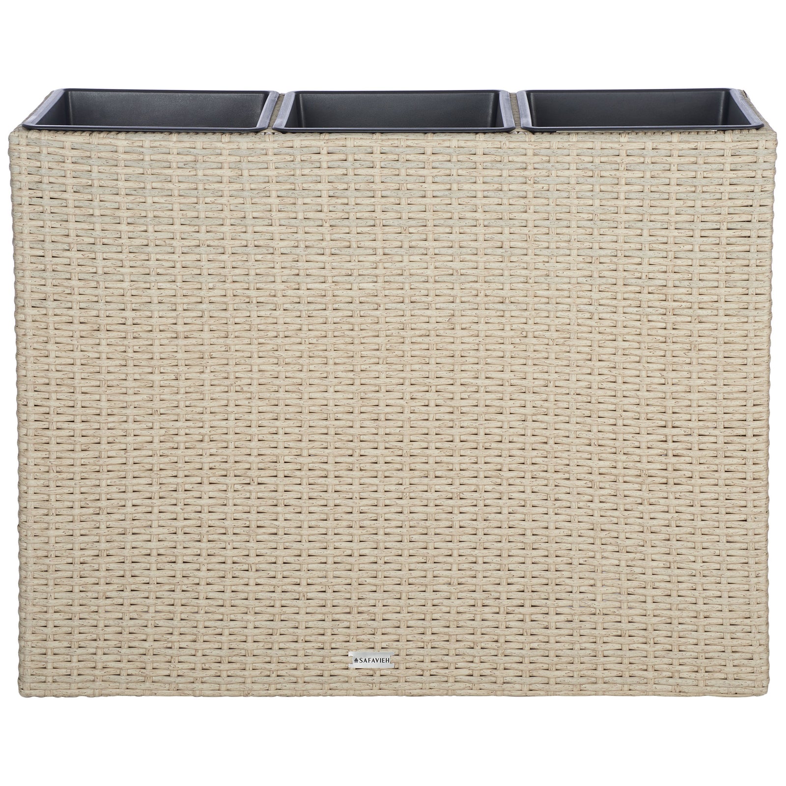 Beige wicker gives this three-compartment planter a warm, inviting texture. || PAT7705B || back_studio