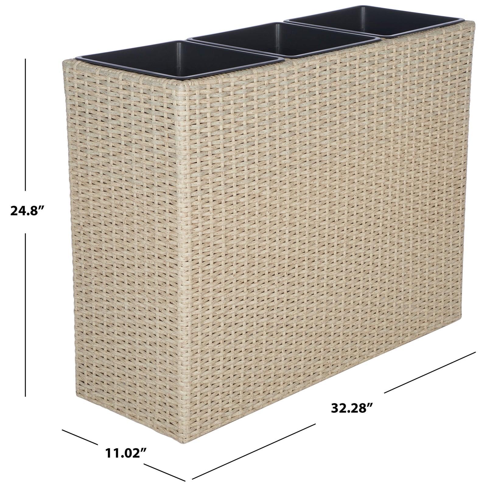 Beige woven planter measures 32.28 inches wide, 11.02 inches deep, and 24.8 inches tall. || PAT7705B || dimension_studio