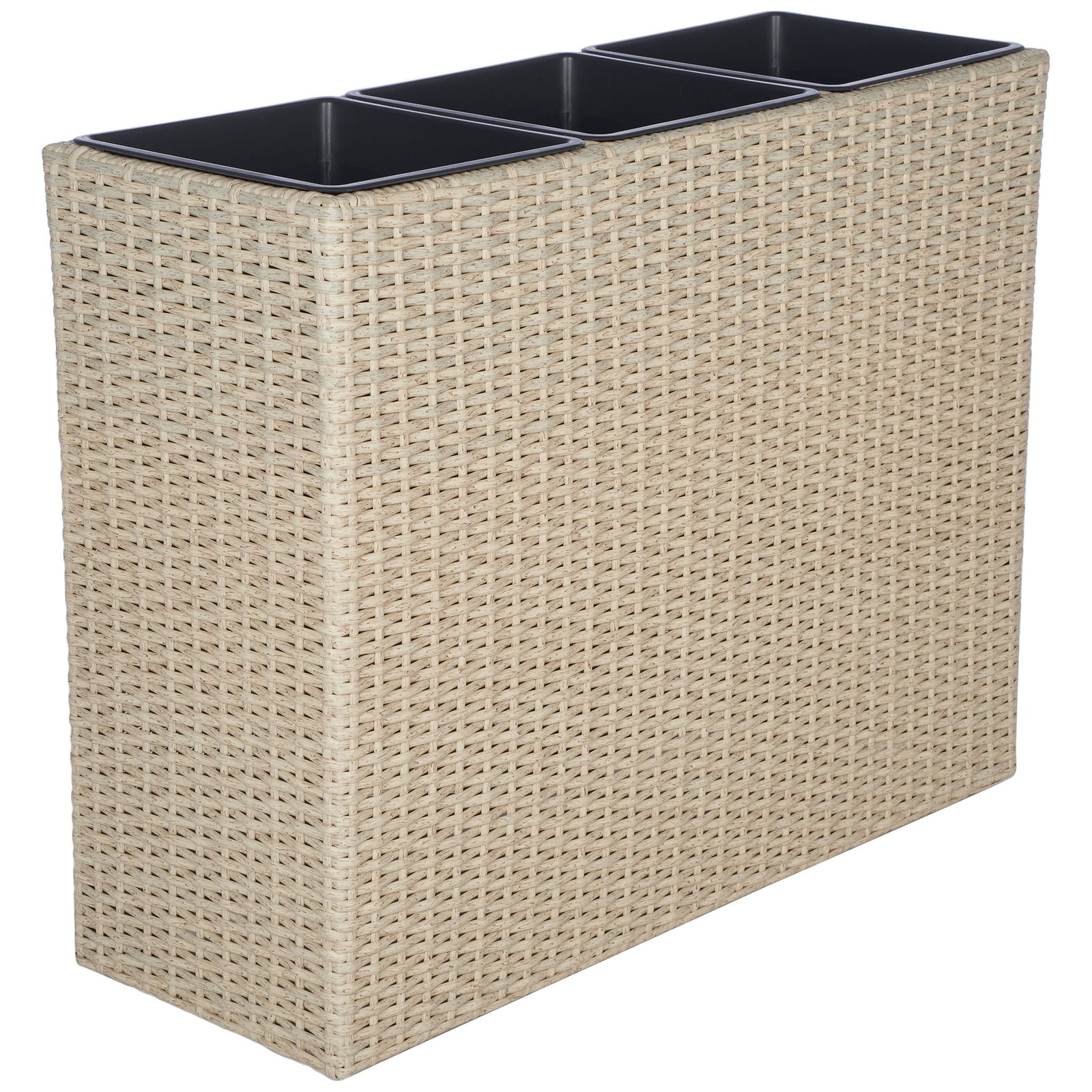 Three dark planting bins sit above a long panel of textured beige wicker. || PAT7705B || front_angle_studio