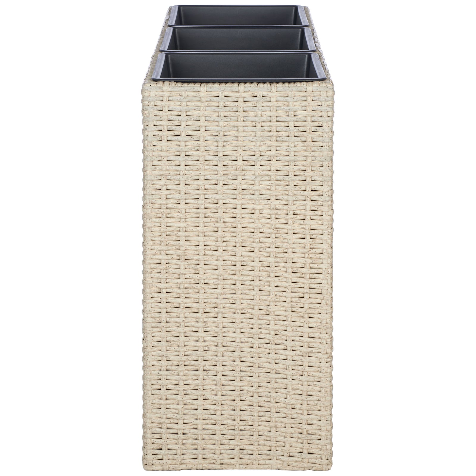 The slim beige wicker planter fits neatly into narrow outdoor spaces. || PAT7705B || side_studio
