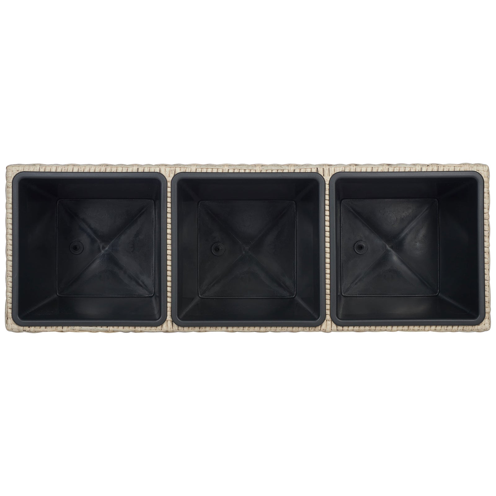 Three separate black inserts keep plantings organized within a beige wicker frame. || PAT7705B || top_studio