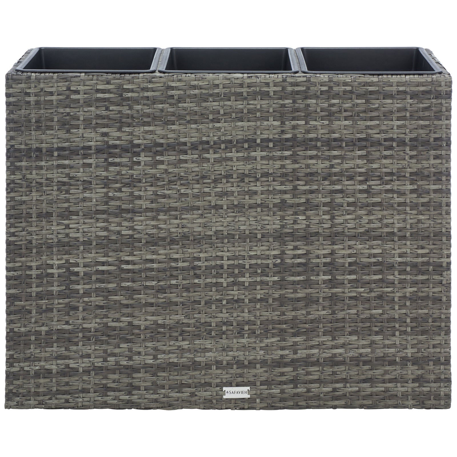 Gray-brown woven wicker gives this three-bin planter a rich, varied texture. || PAT7705C || back_studio