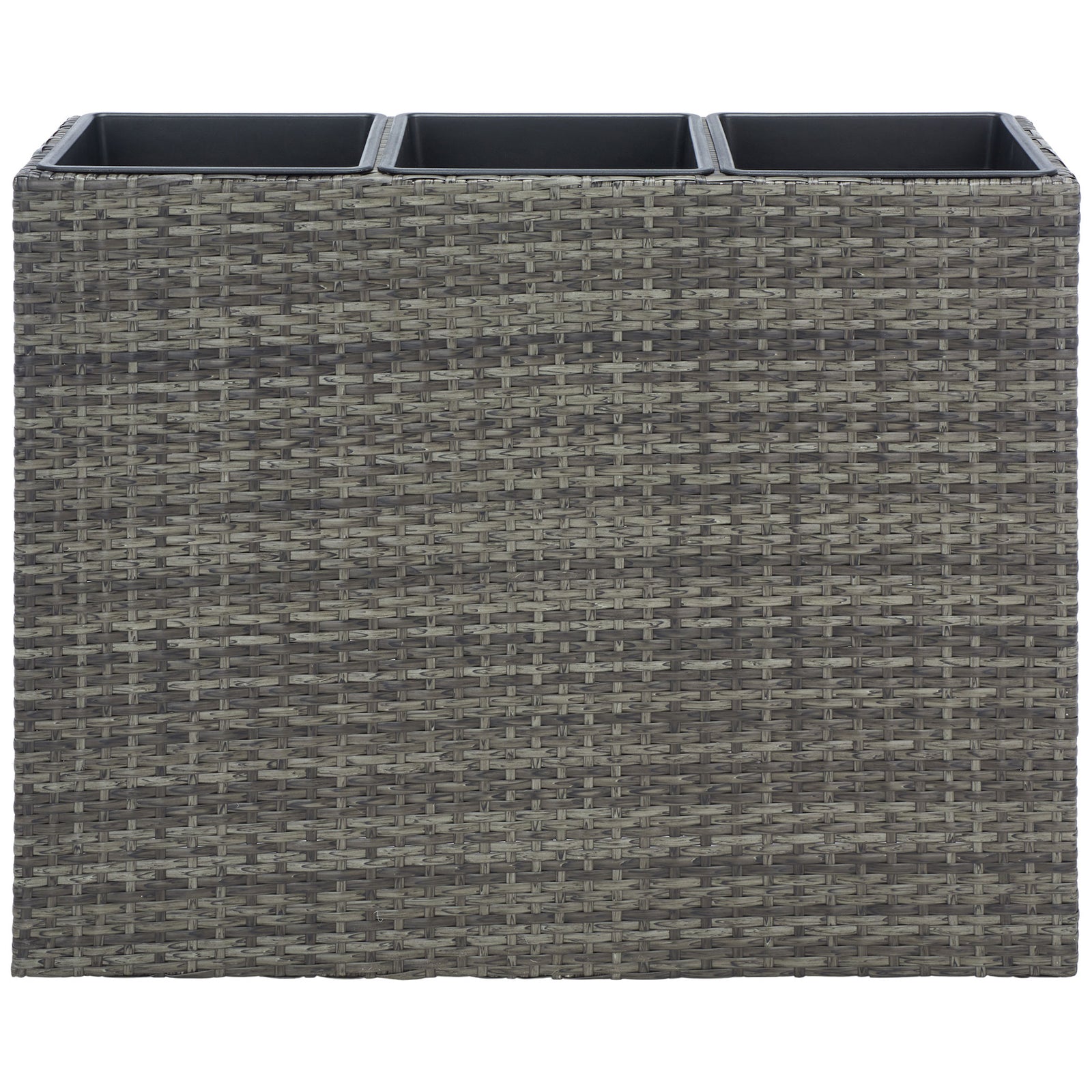 A tailored gray-brown wicker planter offers space for three arrangements. || PAT7705C || front_studio