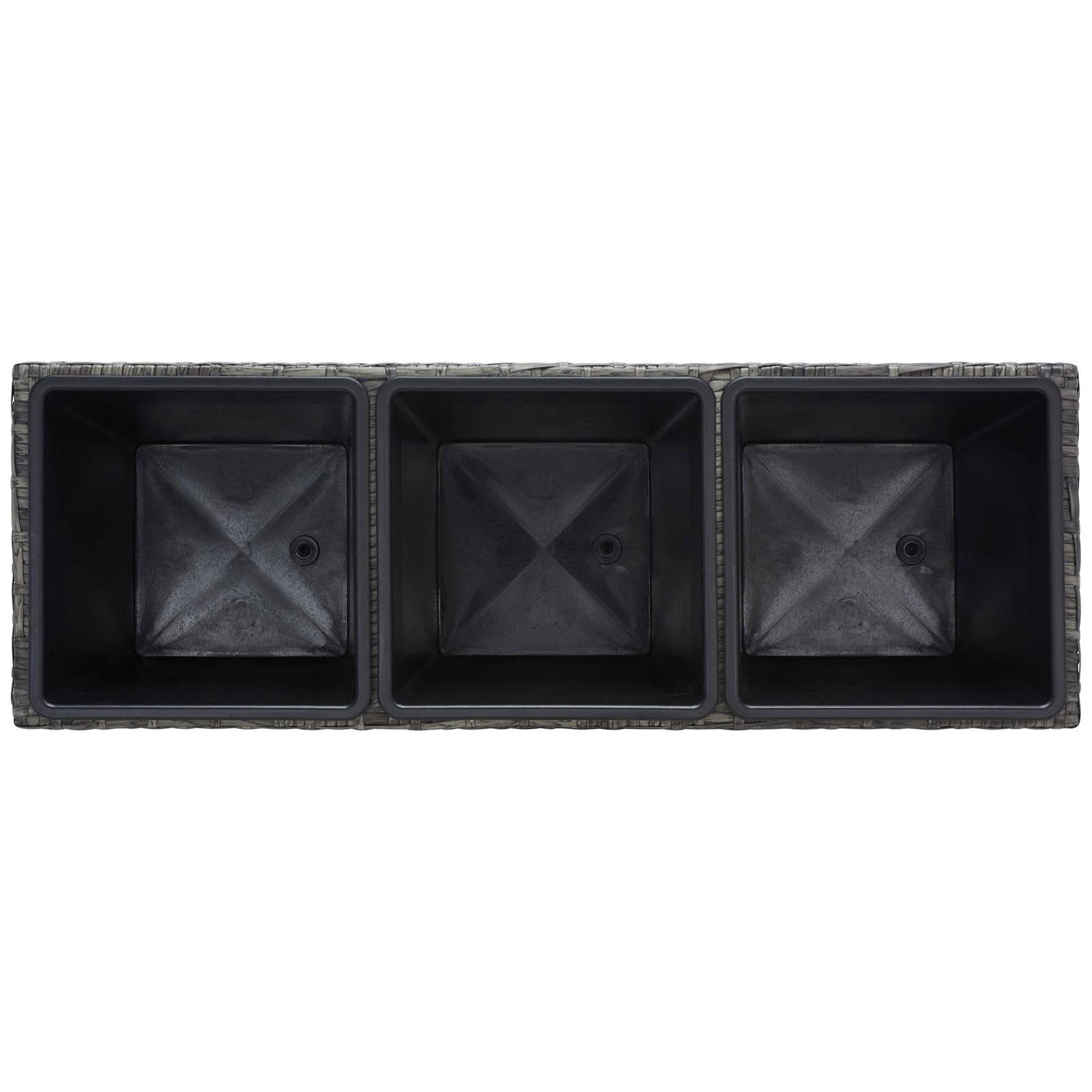 Three distinct black planting wells sit within a gray-brown woven surround. || PAT7705C || top_studio