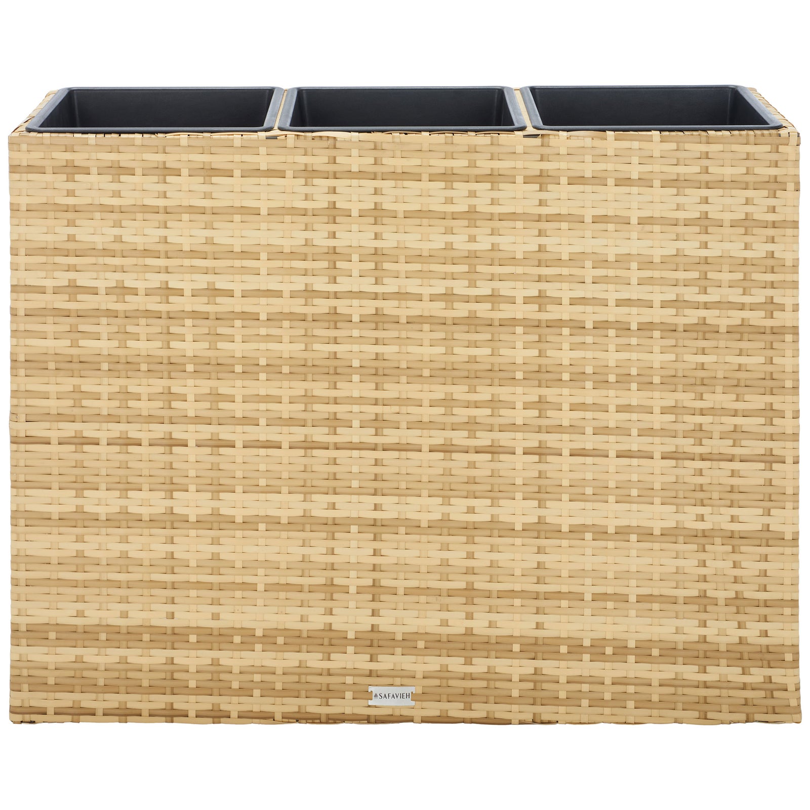Natural-toned wicker lends warmth to a streamlined three-compartment planter. || PAT7705D || back_studio