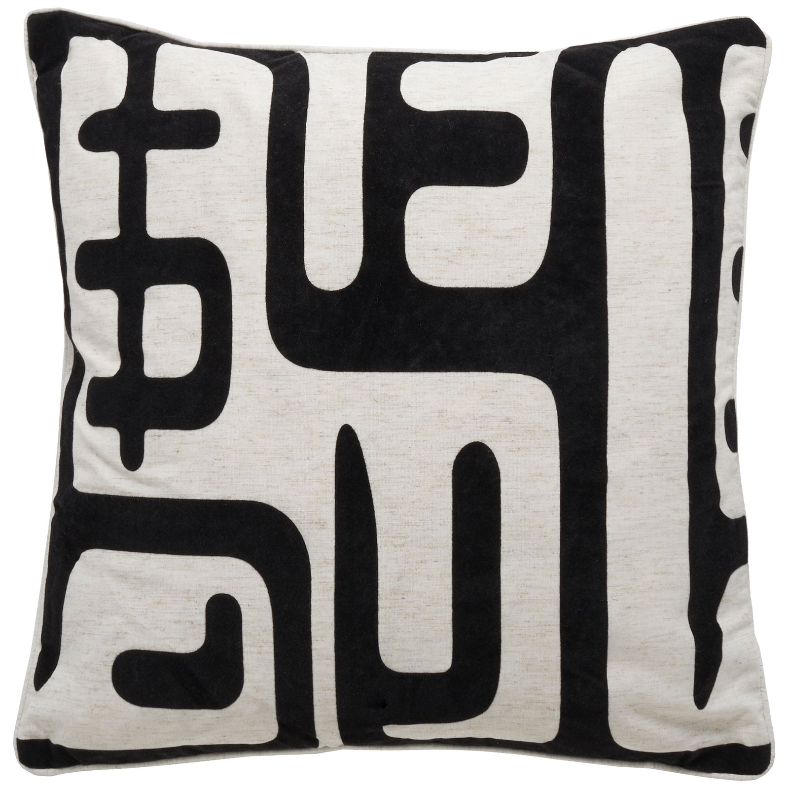 Bold black abstract applique winds across an ivory square pillow || PIL162A-2222-SET2 || front_studio