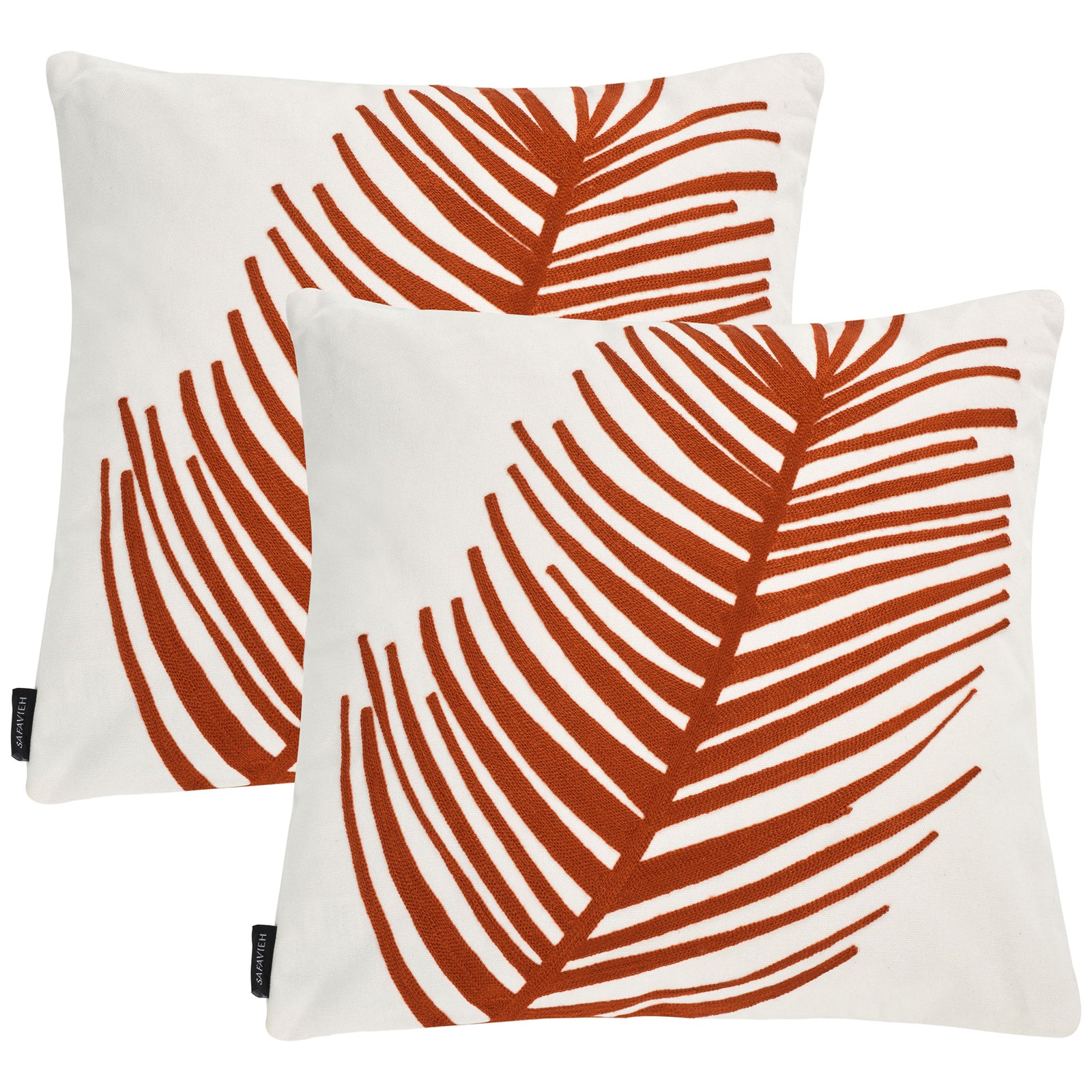 Matching ivory pillows pair graphic sienna-orange fronds with a crisp neutral ground || PIL861A-1818-SET2 || front_multi_studio