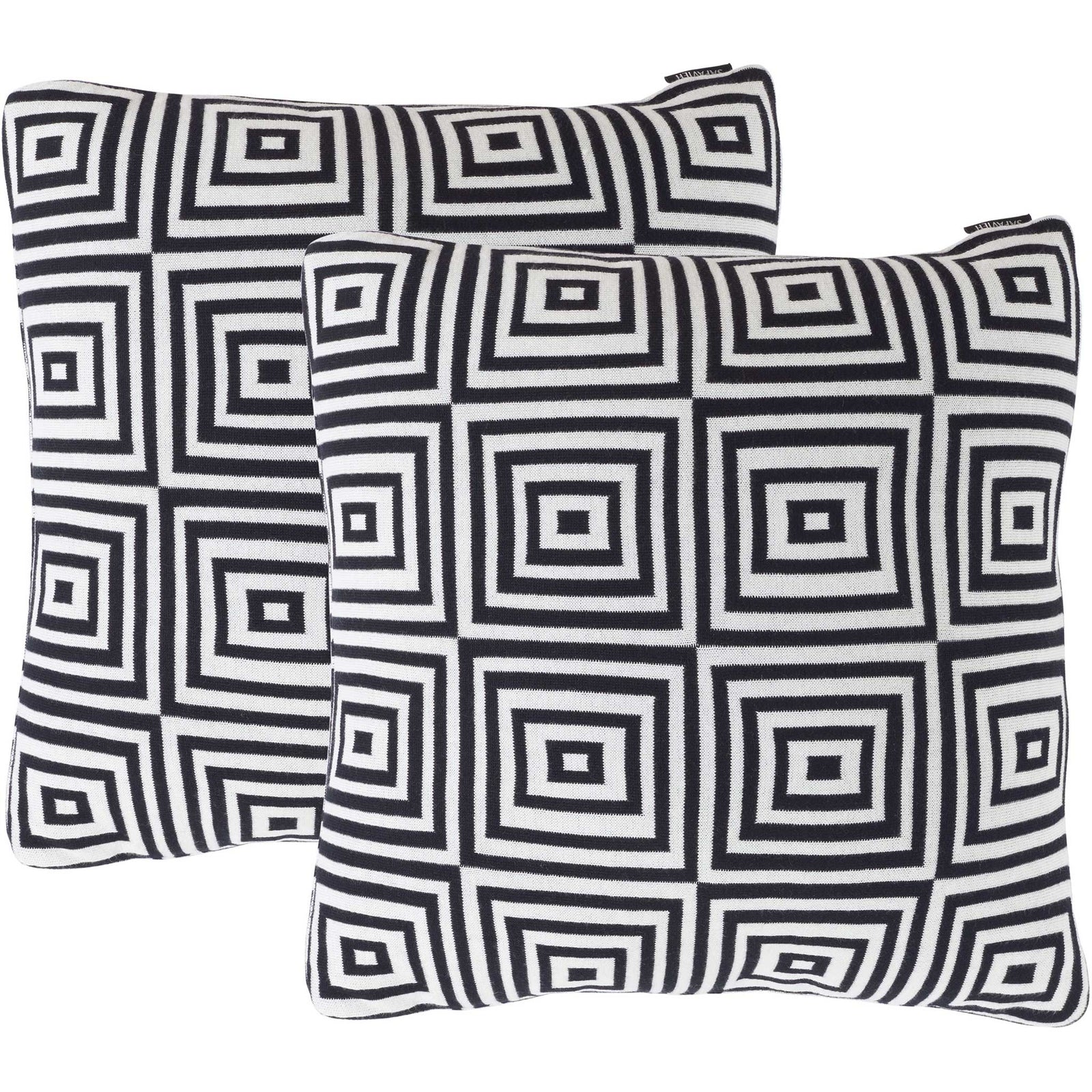 Coordinated pair of geometric throw pillows in crisp black and ivory to refresh a modern sofa or bed. || PLS402A-1818-SET2 || front_multi_studio