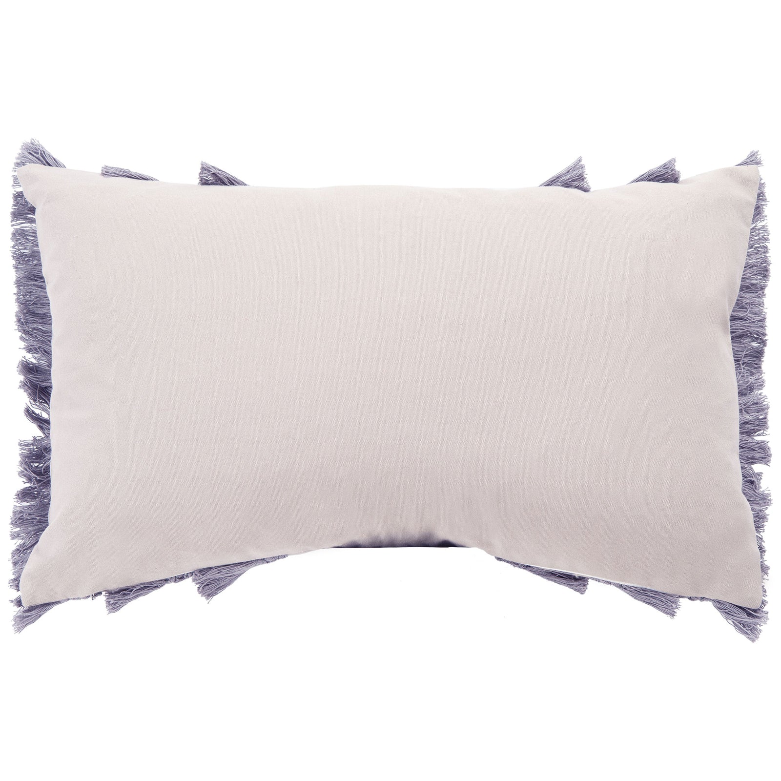 A smooth pale backing and periwinkle fringe give this rectangular pillow a soft finish. || PLS7142F-1220 || back_studio