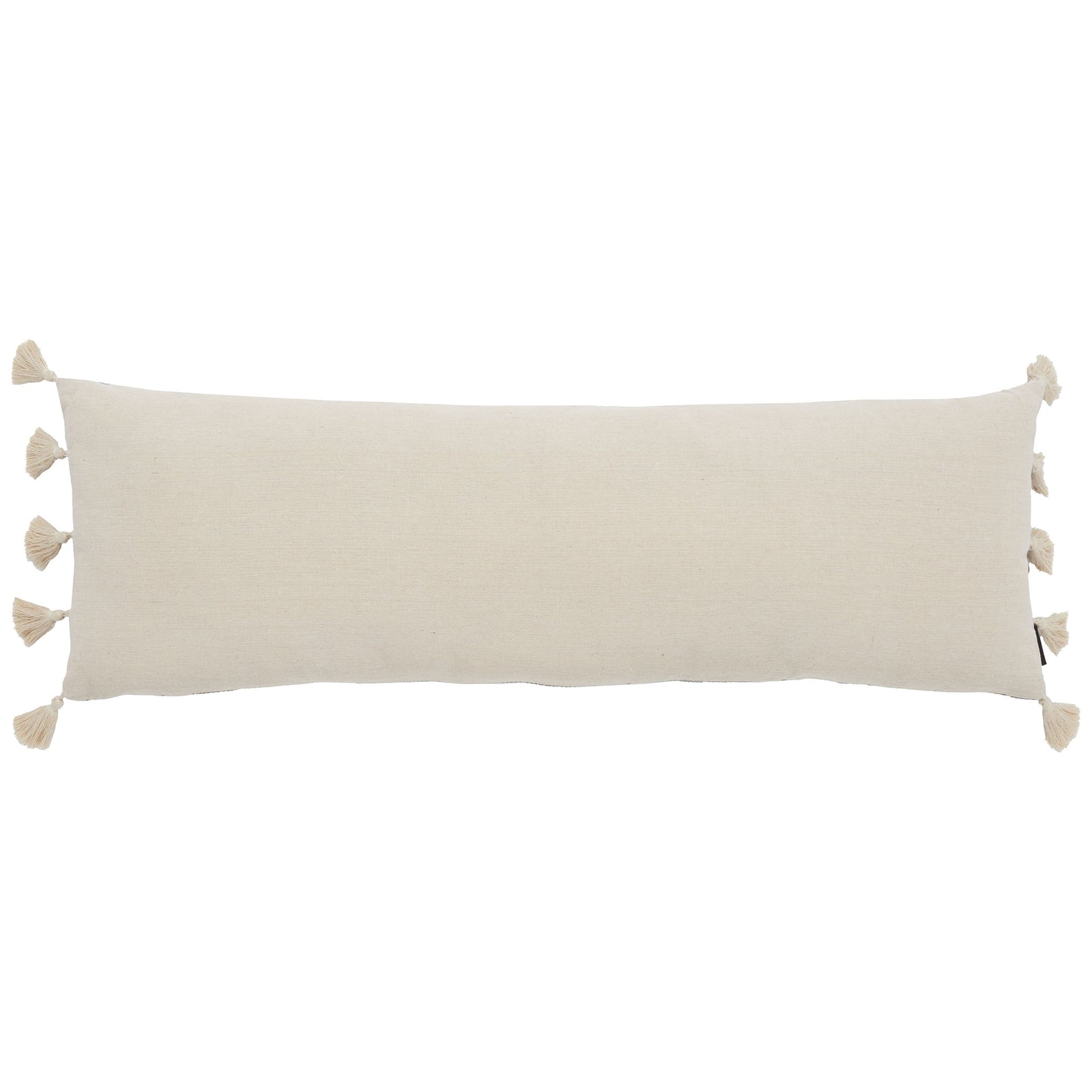 A solid beige reverse gives this long pillow a soft, versatile look, with tassels at both ends || PLS7165A-1236 || back_studio