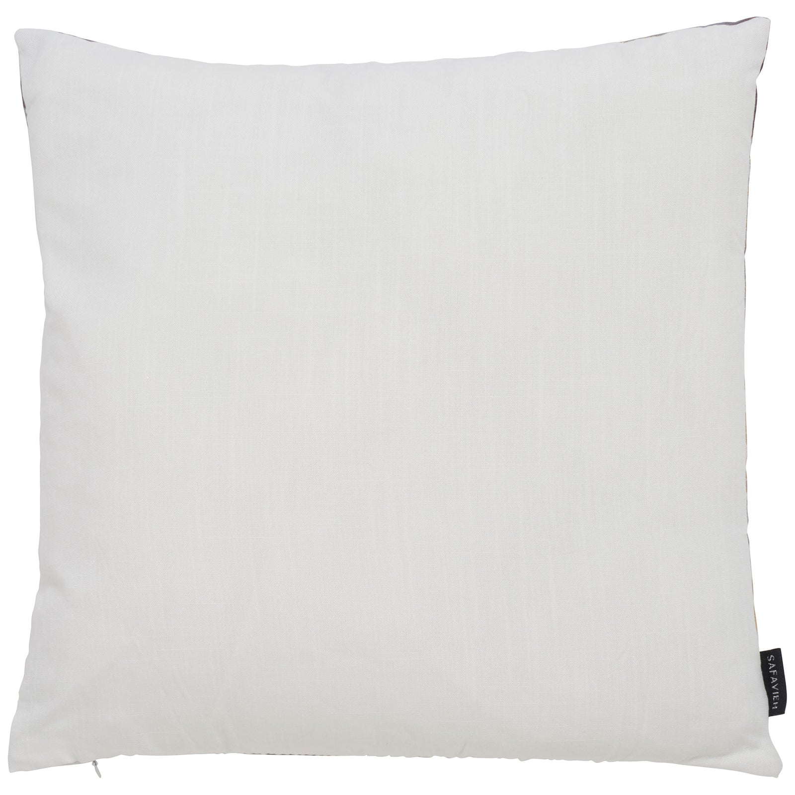 A soft white fabric reverse contrasts with the square pillow's patterned front. || PLS7197C-1818 || back_studio