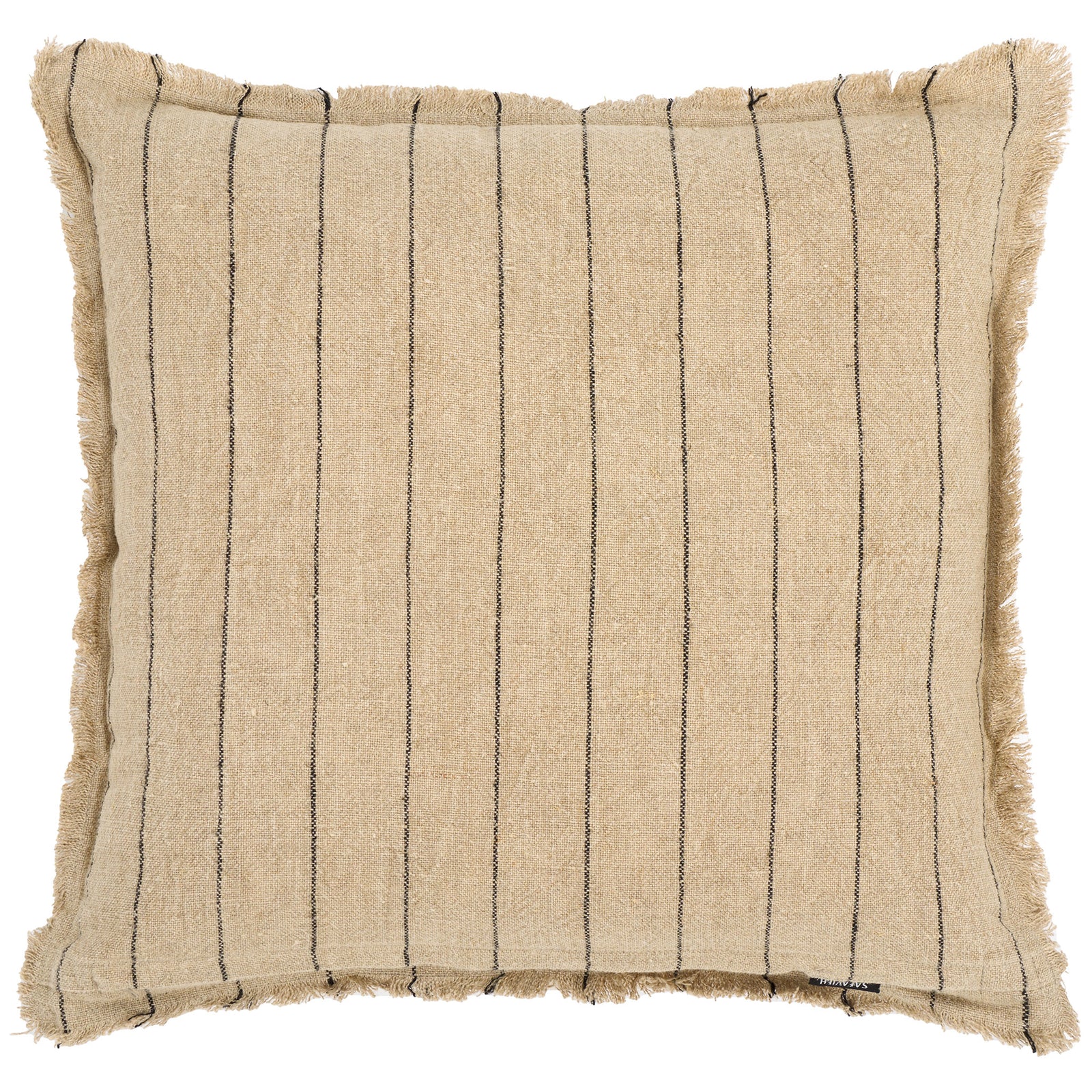 Natural linen pillow with fine black stripes and relaxed, fringed edges || PLS8001A-2020 || back_studio