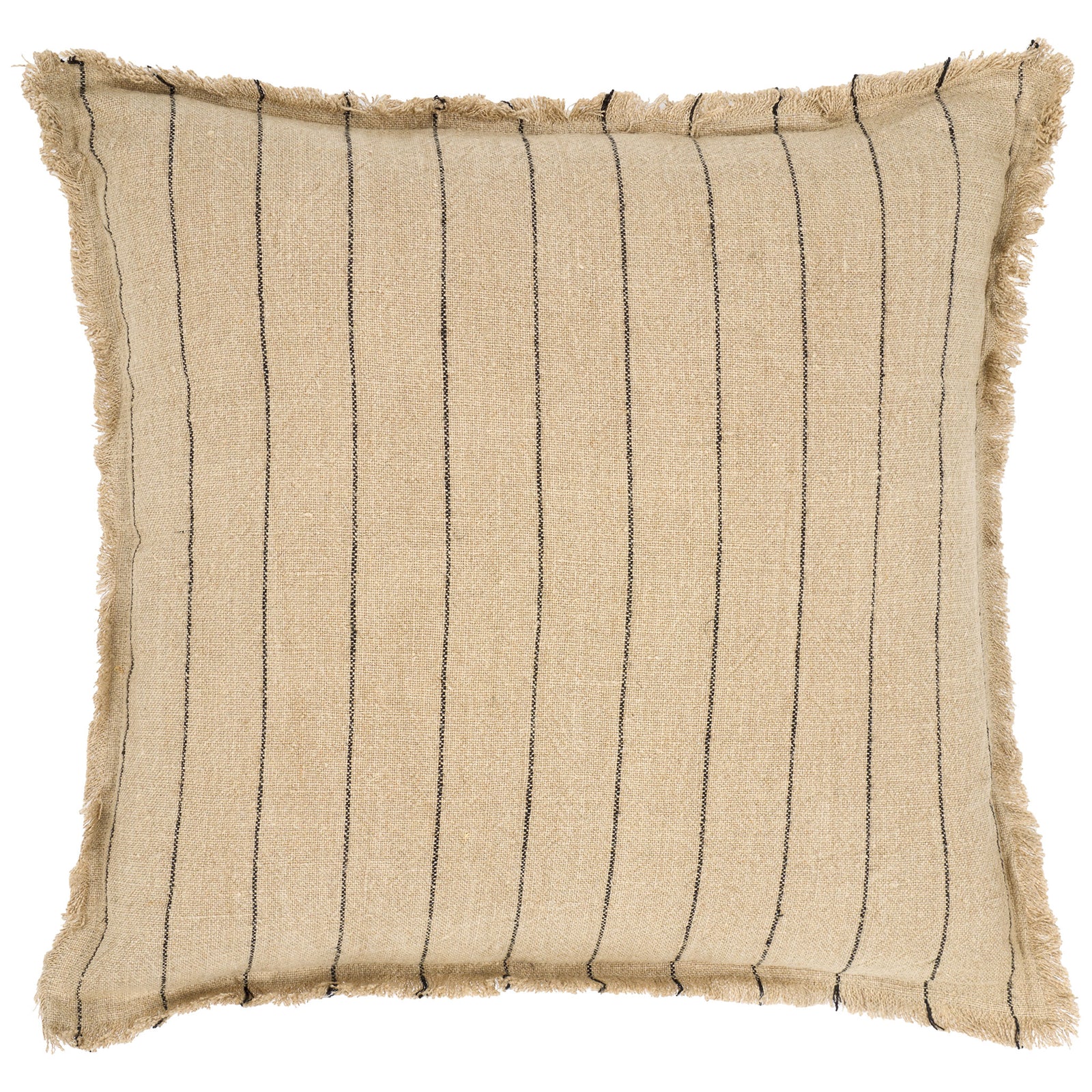 Square natural linen pillow with slender black pinstripes and fringed trim || PLS8001A-2020 || front_studio