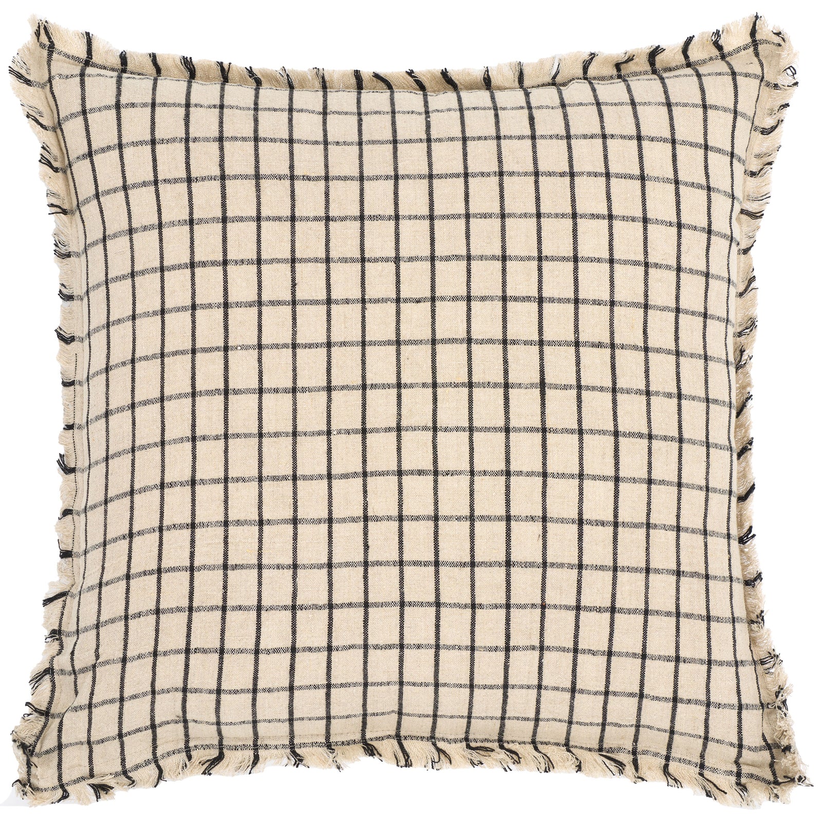 Fringed edges add a casual touch to this square linen pillow with fine black checks || PLS8004A-2020 || front_studio