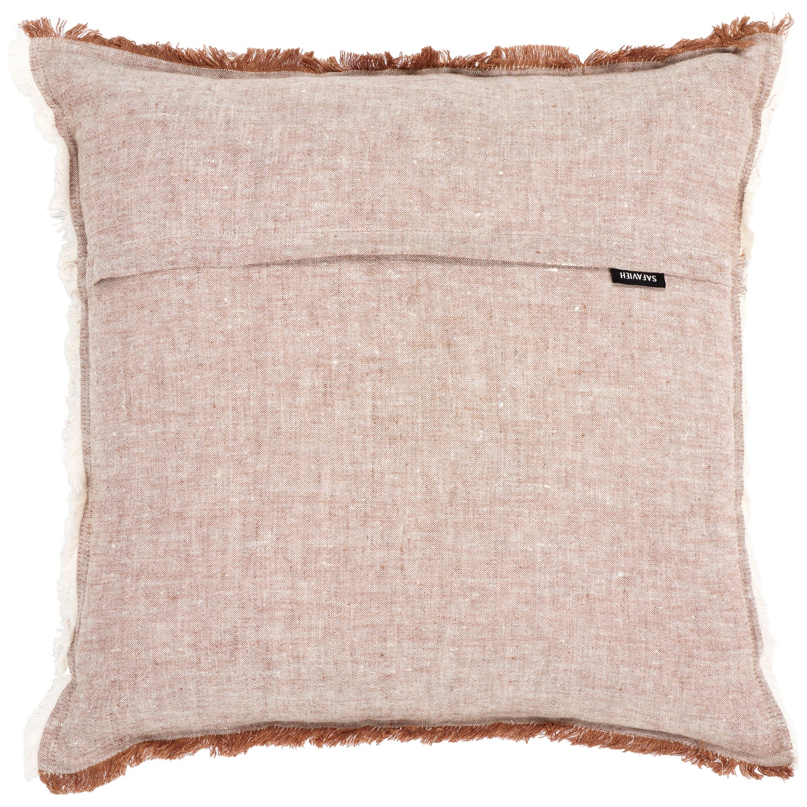 Blush linen pillow with a subtle back seam and a blush-and-white fringed border || PLS8006A-2020 || back_studio