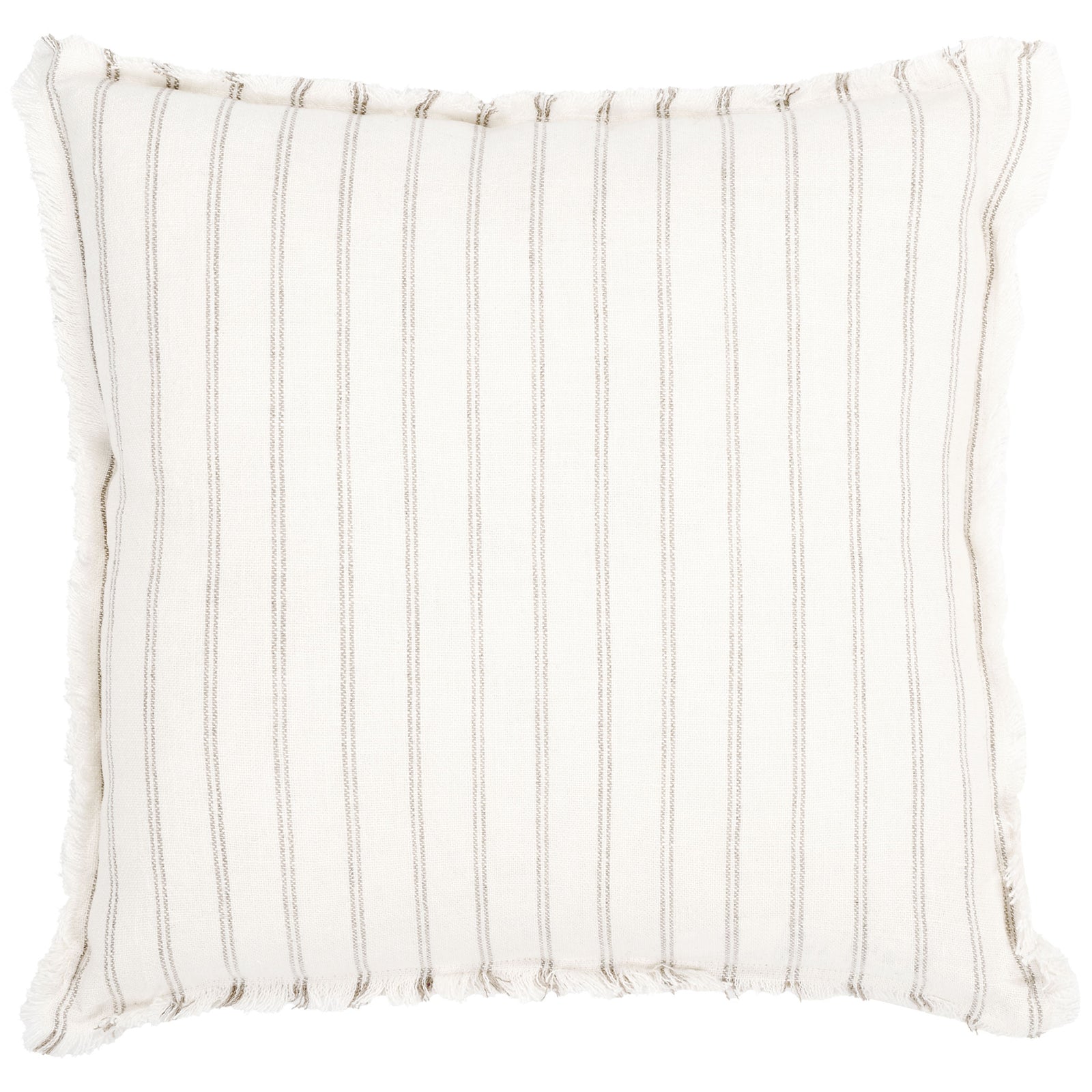 A square ivory linen pillow with fine natural stripes and softly frayed trim || PLS8007A-2020 || front_studio