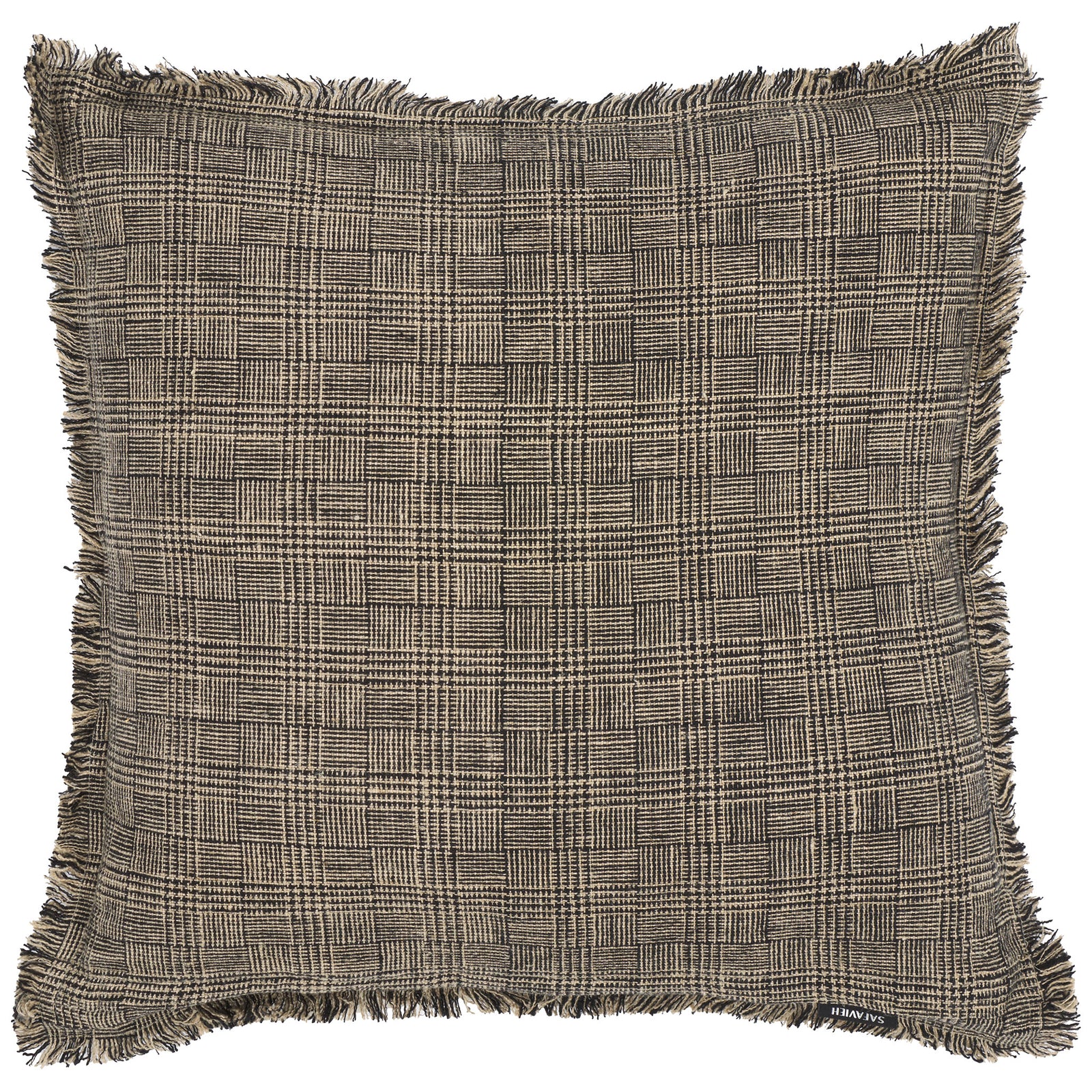Black and natural linen pillow showcases a textured grid pattern and softly fringed edges || PLS8009A-2020 || back_studio