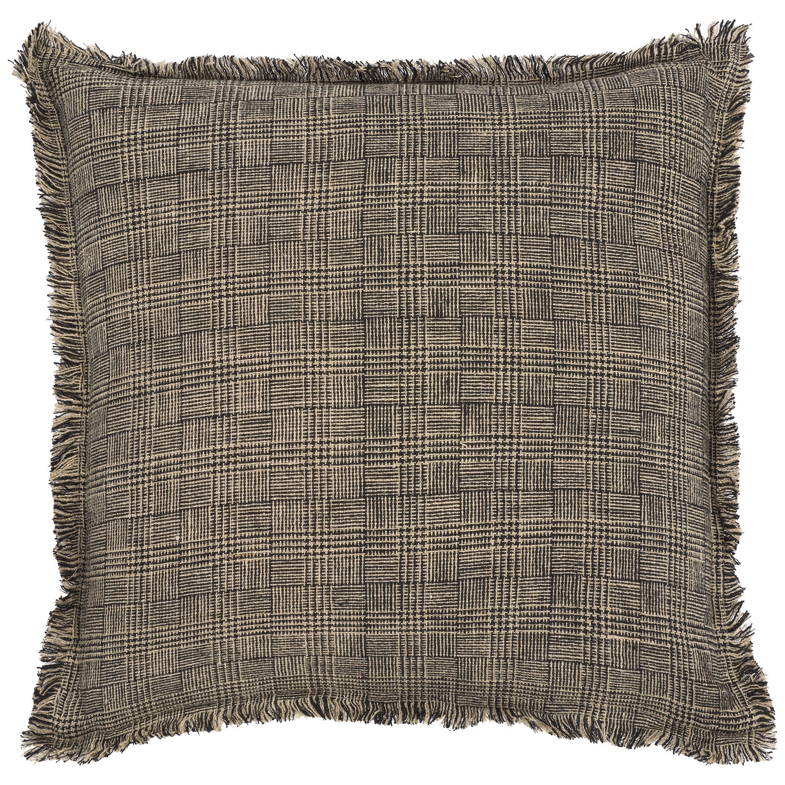 Square linen accent pillow features a fine black and natural woven check framed by fringe || PLS8009A-2020 || front_studio
