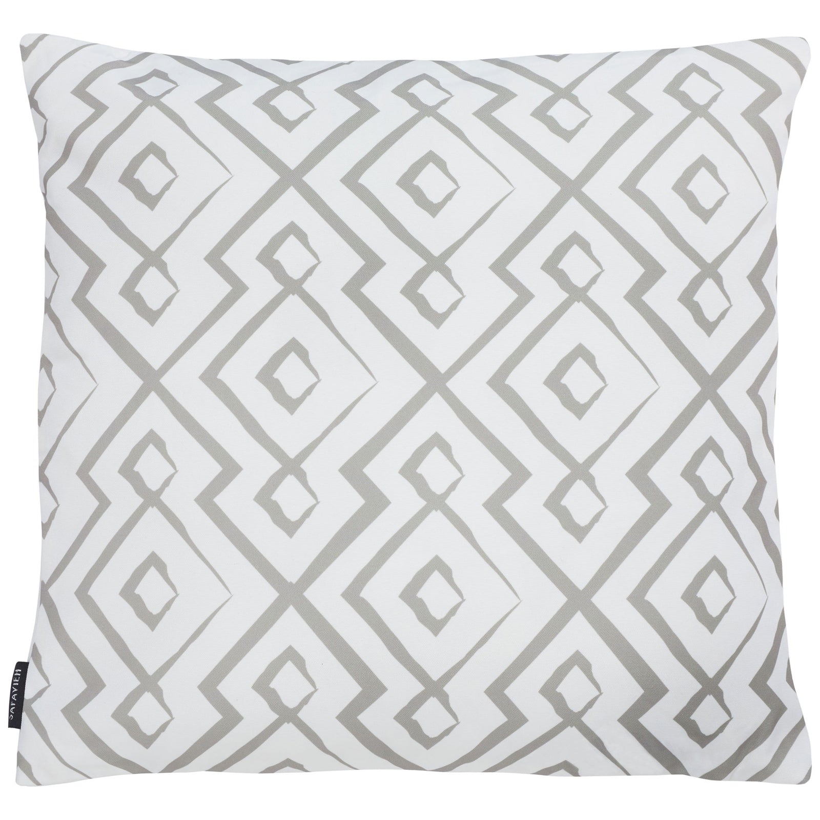 A soft gray diamond lattice lends modern pattern to this square white outdoor pillow. || PPL260B-1818 || front_studio