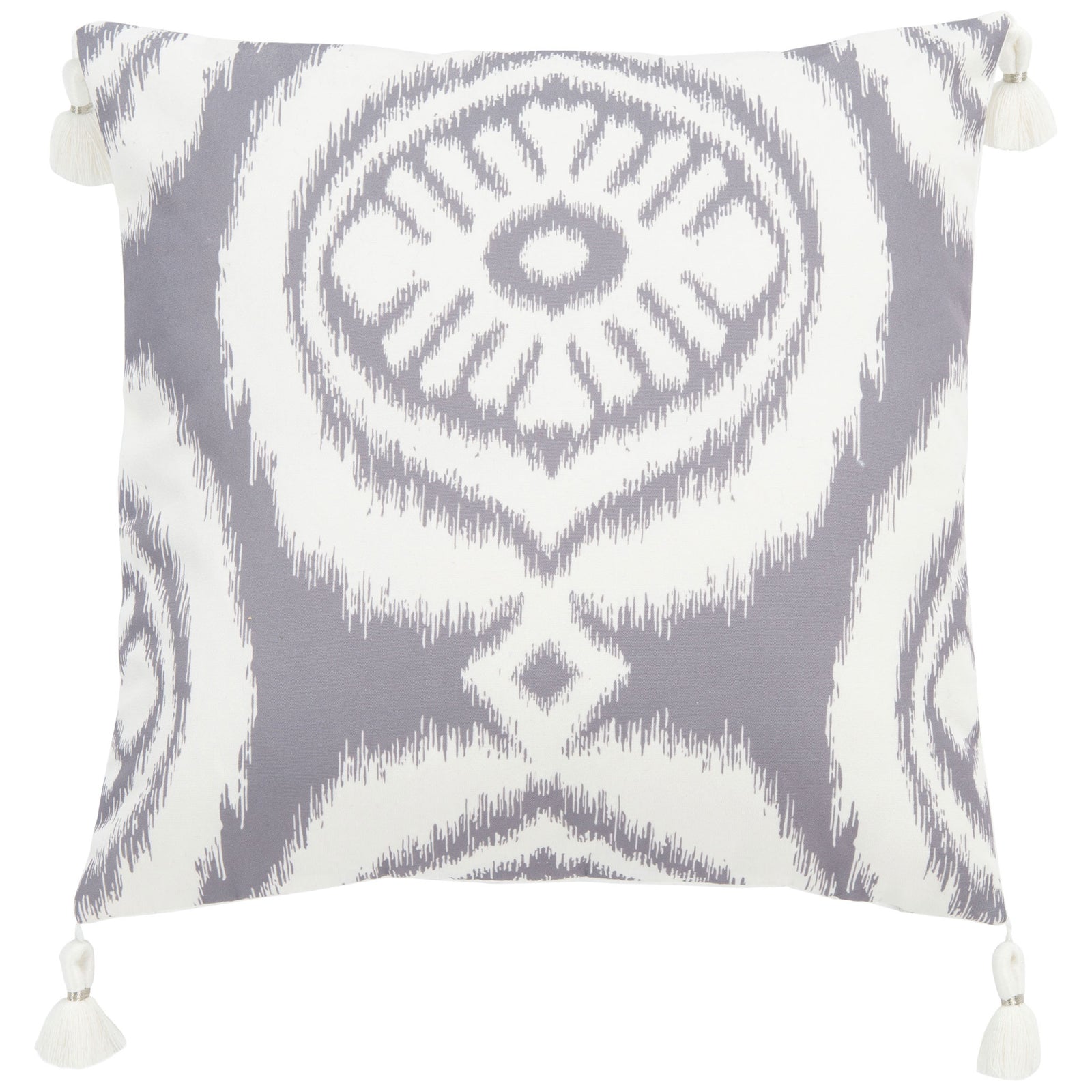 Bold gray medallions and ikat-style edges dress up this tasseled white square pillow || PPL261A-1818 || front_studio