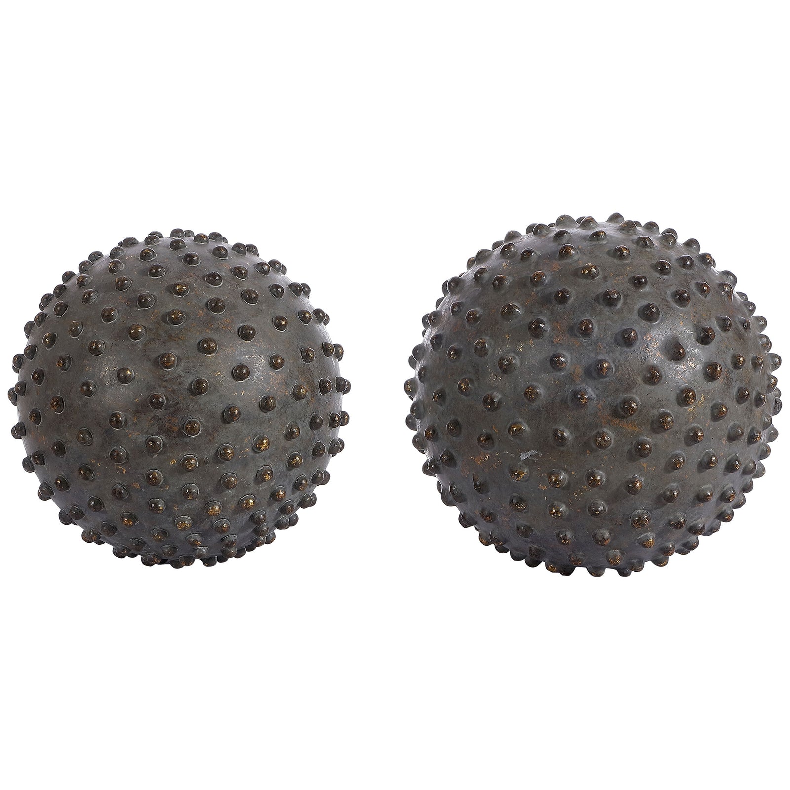 Two decorative spheres in graduated sizes feature a muted brown finish and raised texture || RDC1201A-SET2 || front_studio