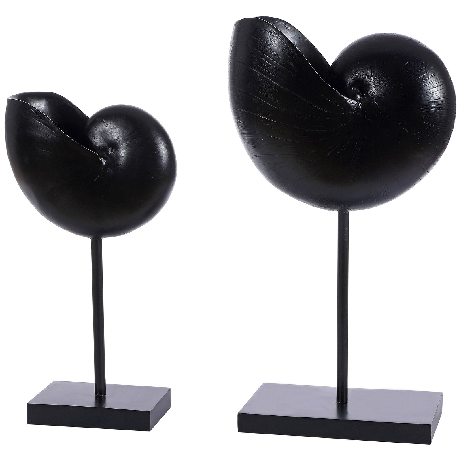 Two black snail shell sculptures in graduated sizes rise from slender stems on rectangular bases. || RDC1204A-SET2 || front_angle_studio