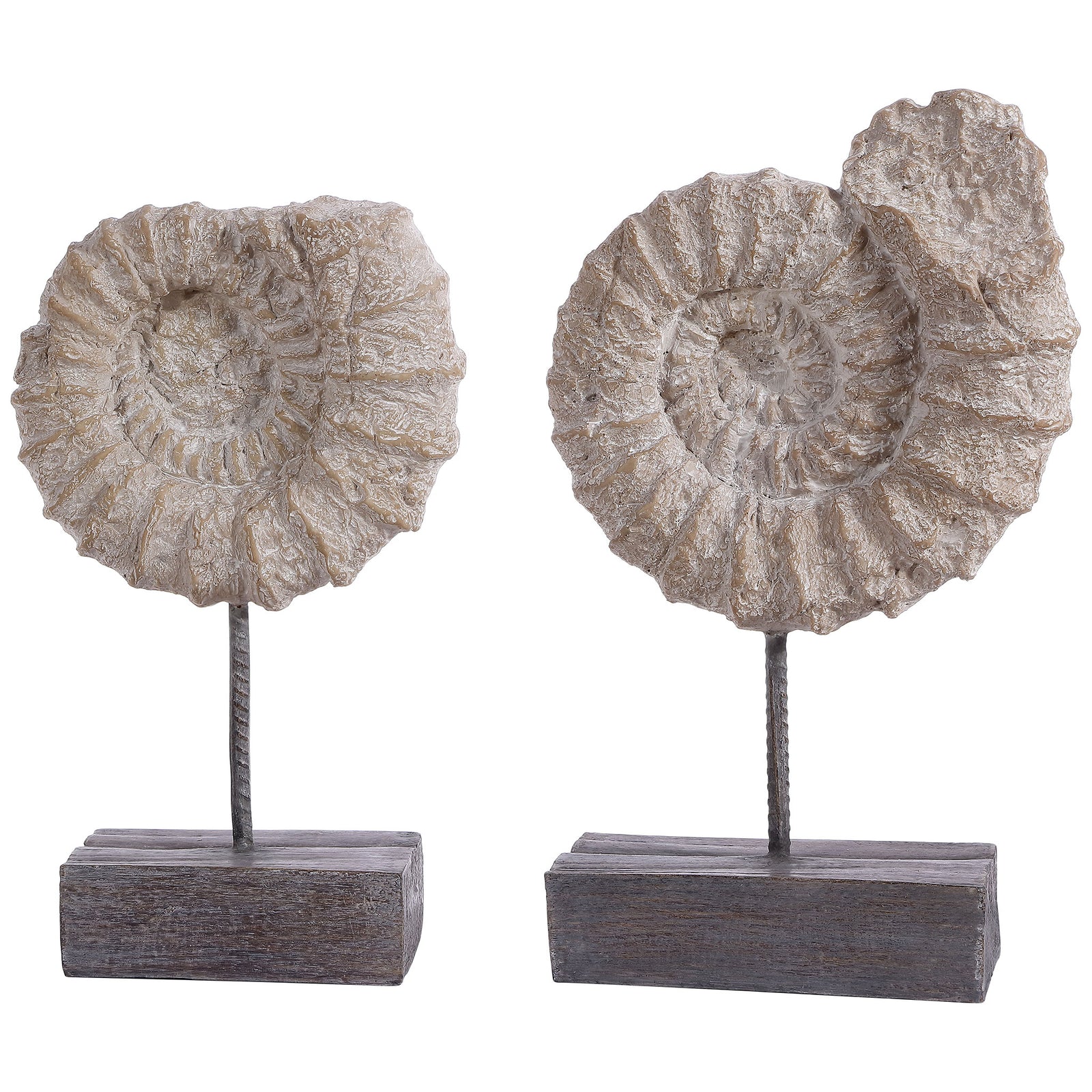 Large and small ammonite-inspired sculptures feature ridged spirals, slender stems, and dark bases. || RDC1208A-SET2 || front_angle_studio