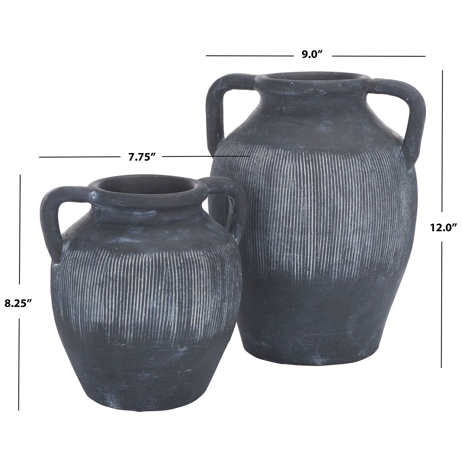Two textured black vases stand 12 and 8.25 inches tall, each with sculptural loop handles || RDC1210A-SET2 || dimension_studio