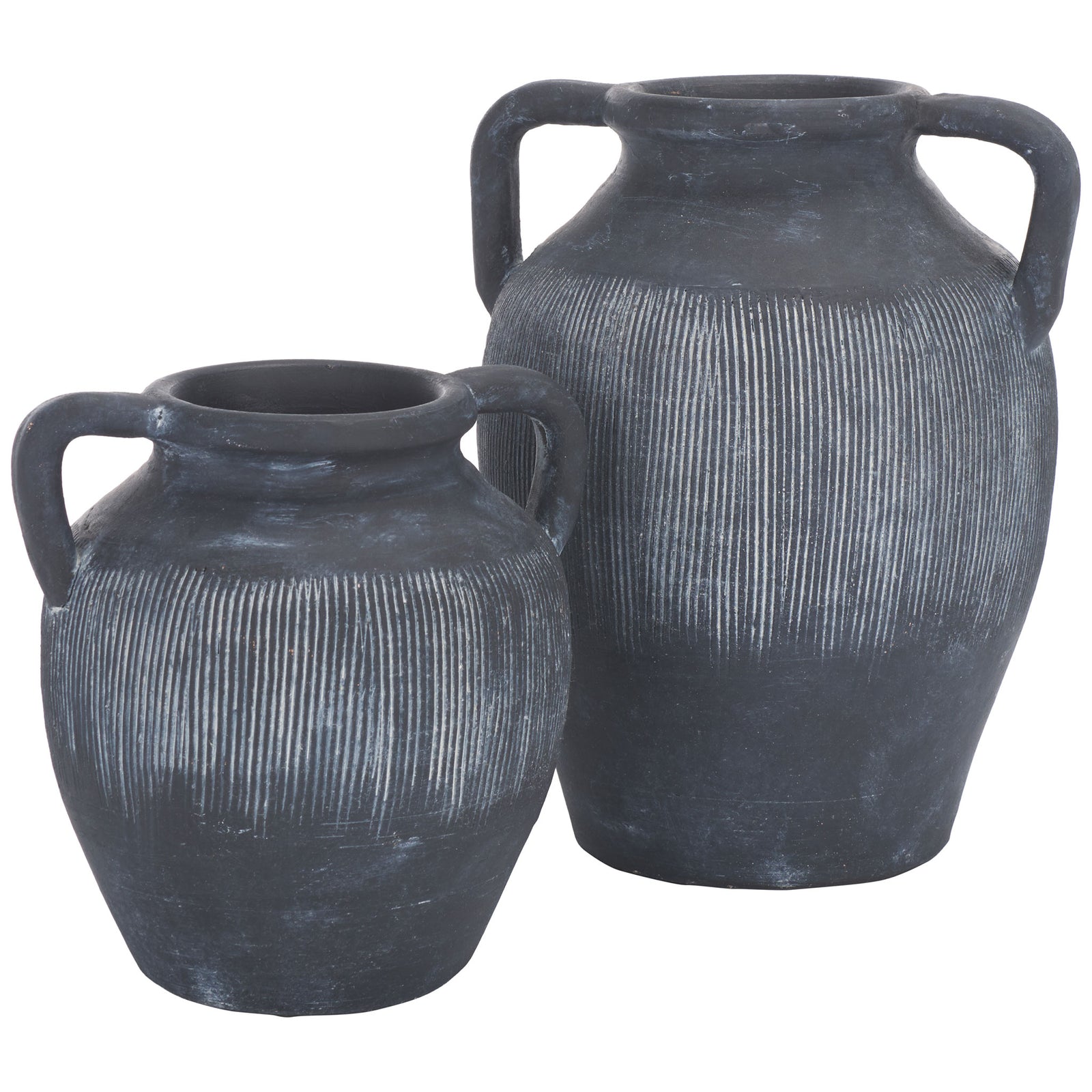 A tall and a petite black stoneware vase share loop handles and a weathered, white-accented ribbed finish || RDC1210A-SET2 || front_studio