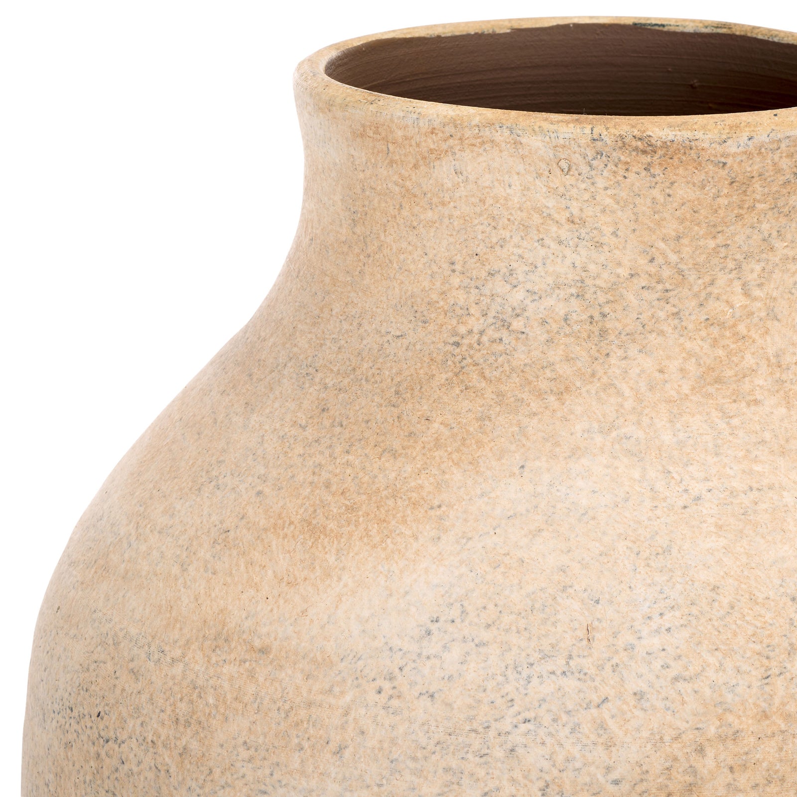 A gently flared rim meets rounded shoulders in a softly mottled natural tan stoneware finish. || RDC1211A || detail_studio