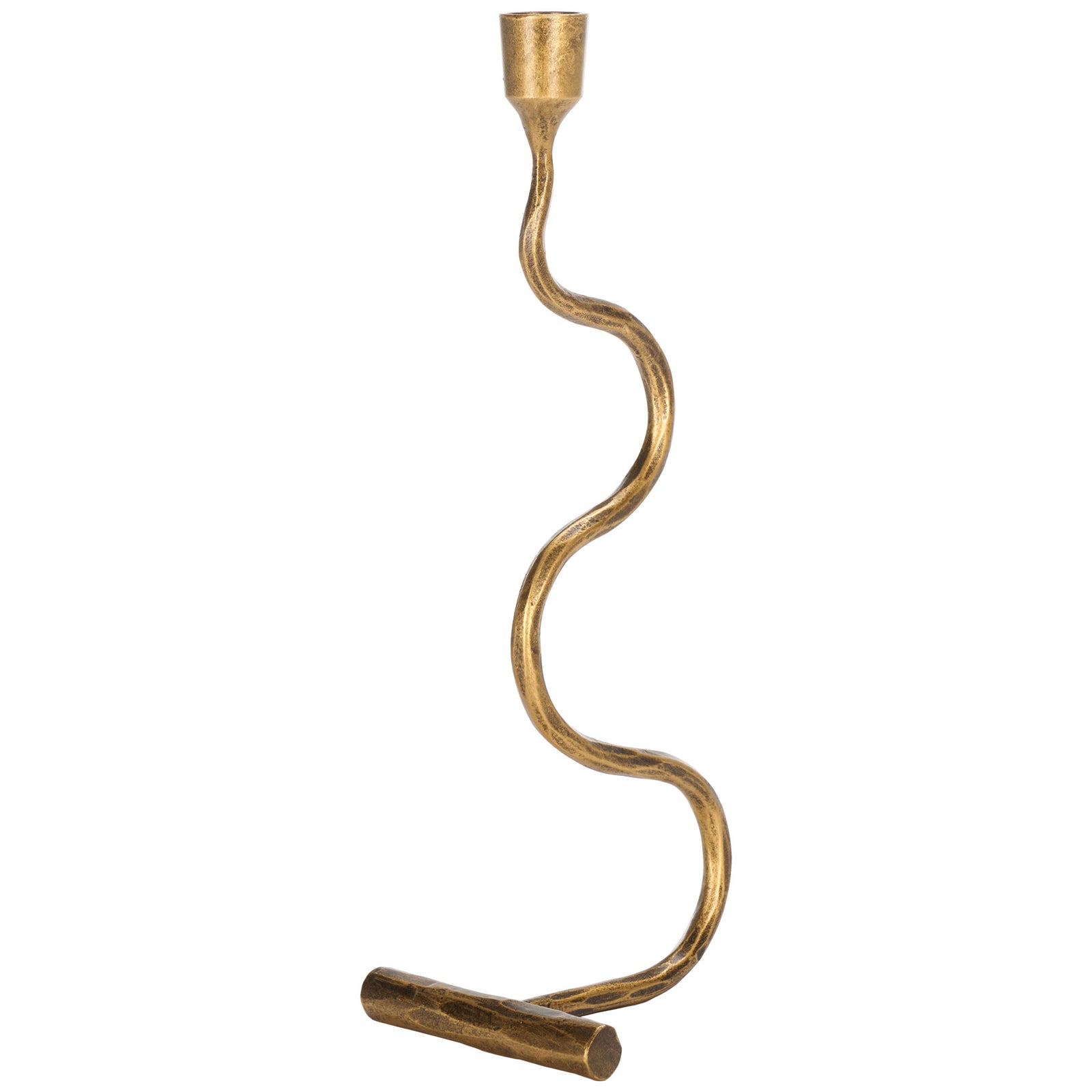 A tall gold candlestick balances its winding stem on a simple horizontal crossbar foot. || RDC2500A-SET2 || side_partial_studio