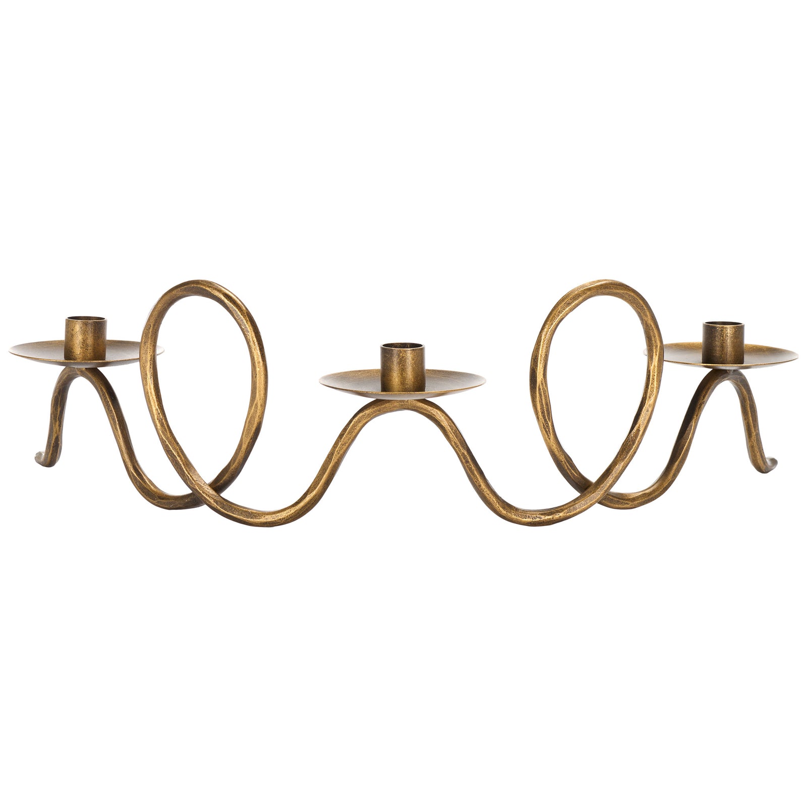 Three round candle plates sit atop an undulating iron frame with twin loops and an antiqued brass tone || RDC2501A || back_studio