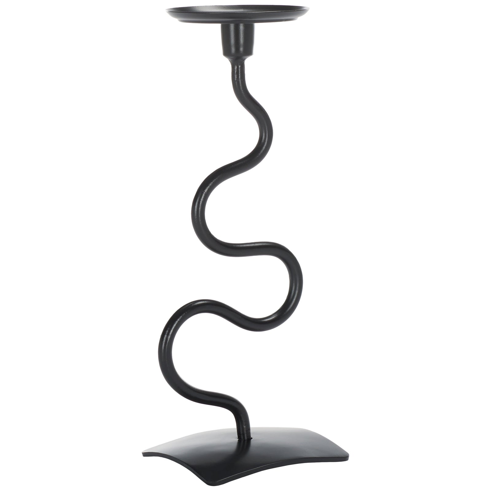 Sinuous black metal stem rises from a curved base to support a round candle tray || RDC2502A-SET2 || back_angle_partial_studio