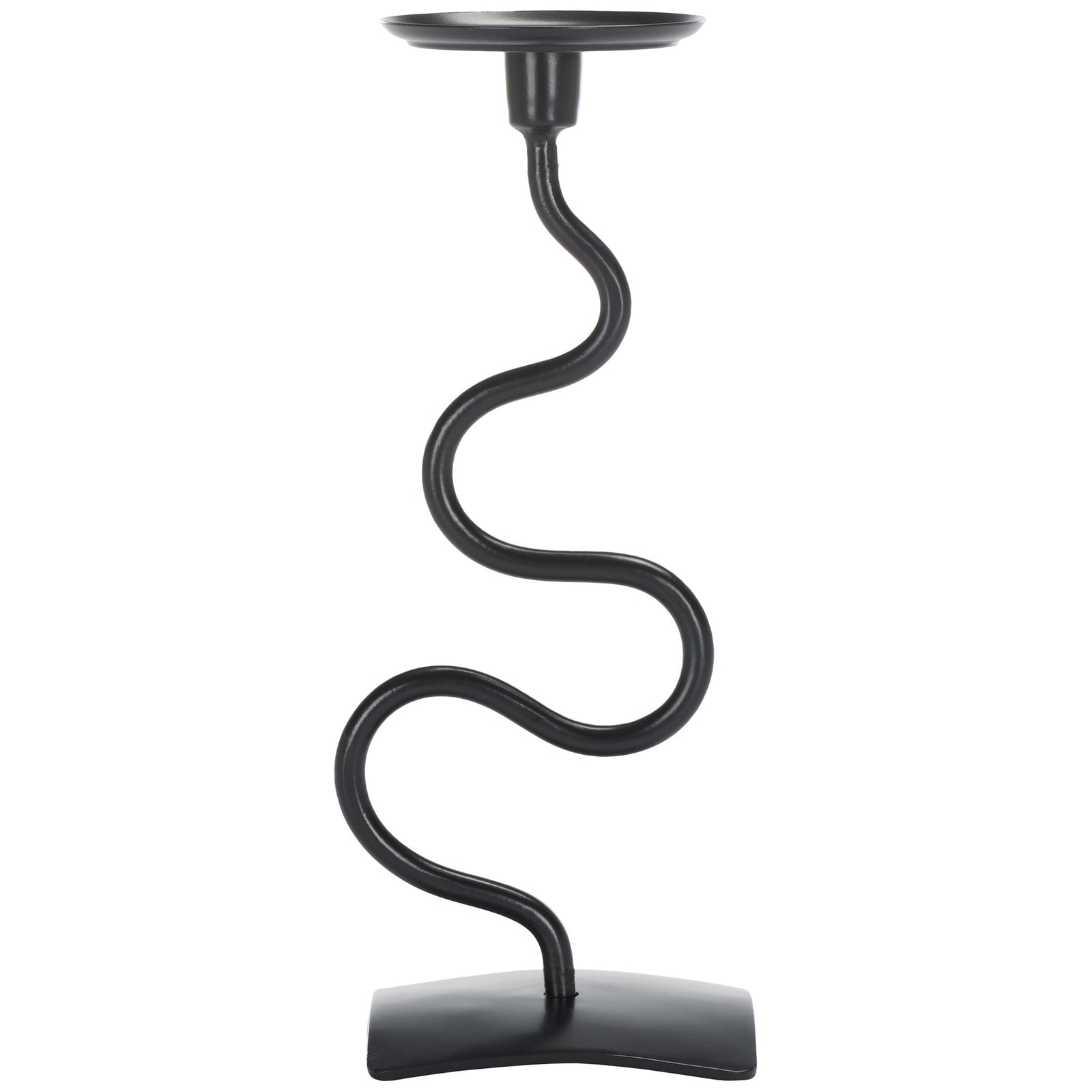 Black iron candlestick features a winding stem, shallow candle plate, and gently arched foot || RDC2502A-SET2 || back_partial_studio