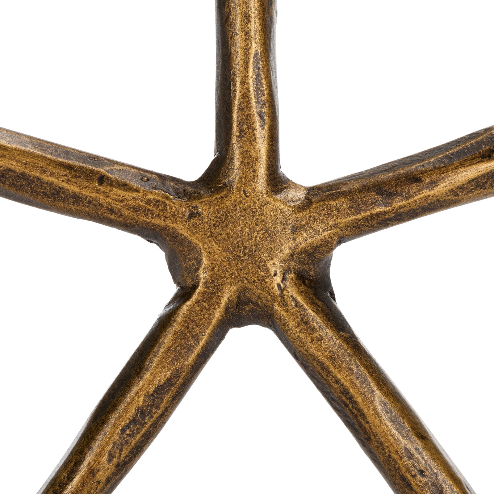 Five radiating iron arms meet at a center hub with a mottled brass finish. || RDC2503A || detail_studio