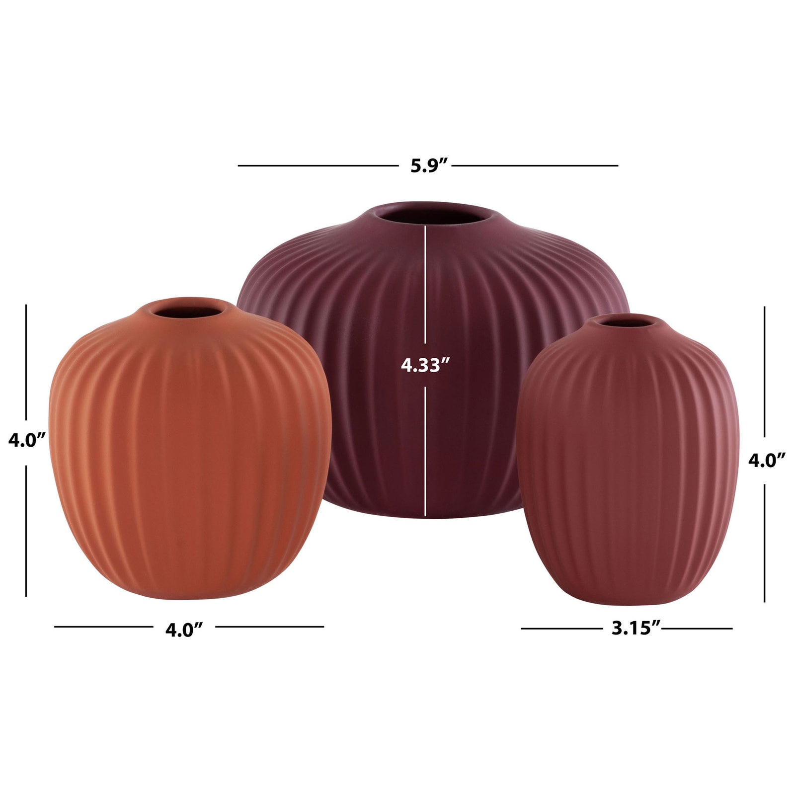 Three warm-toned fluted ceramic vases measuring 5.9, 4, and 3.15 inches wide || RDC4000C-SET3 || dimension_studio