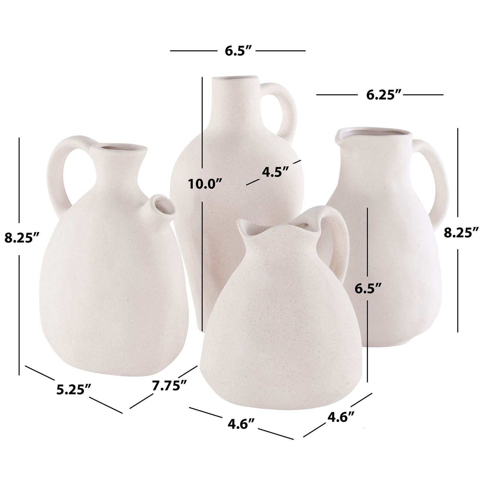 Four matte beige ceramic vases vary in shape and size, with heights ranging from 6.5 to 10 inches. || RDC4015A-SET4 || dimension_studio