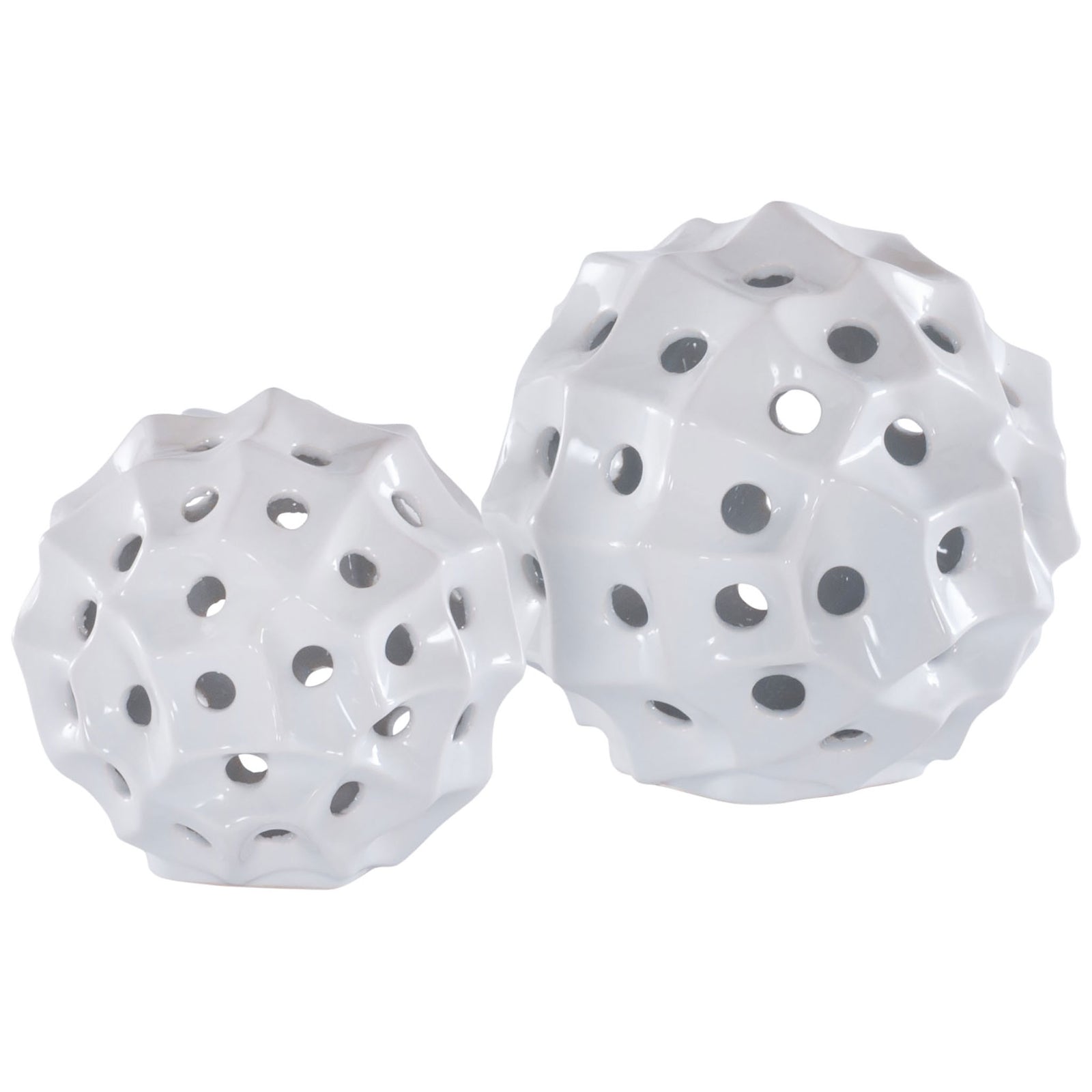 Two glossy white ceramic spheres in contrasting sizes pair geometric contours with airy circular cutouts. || RDC4019A-SET2 || front_studio