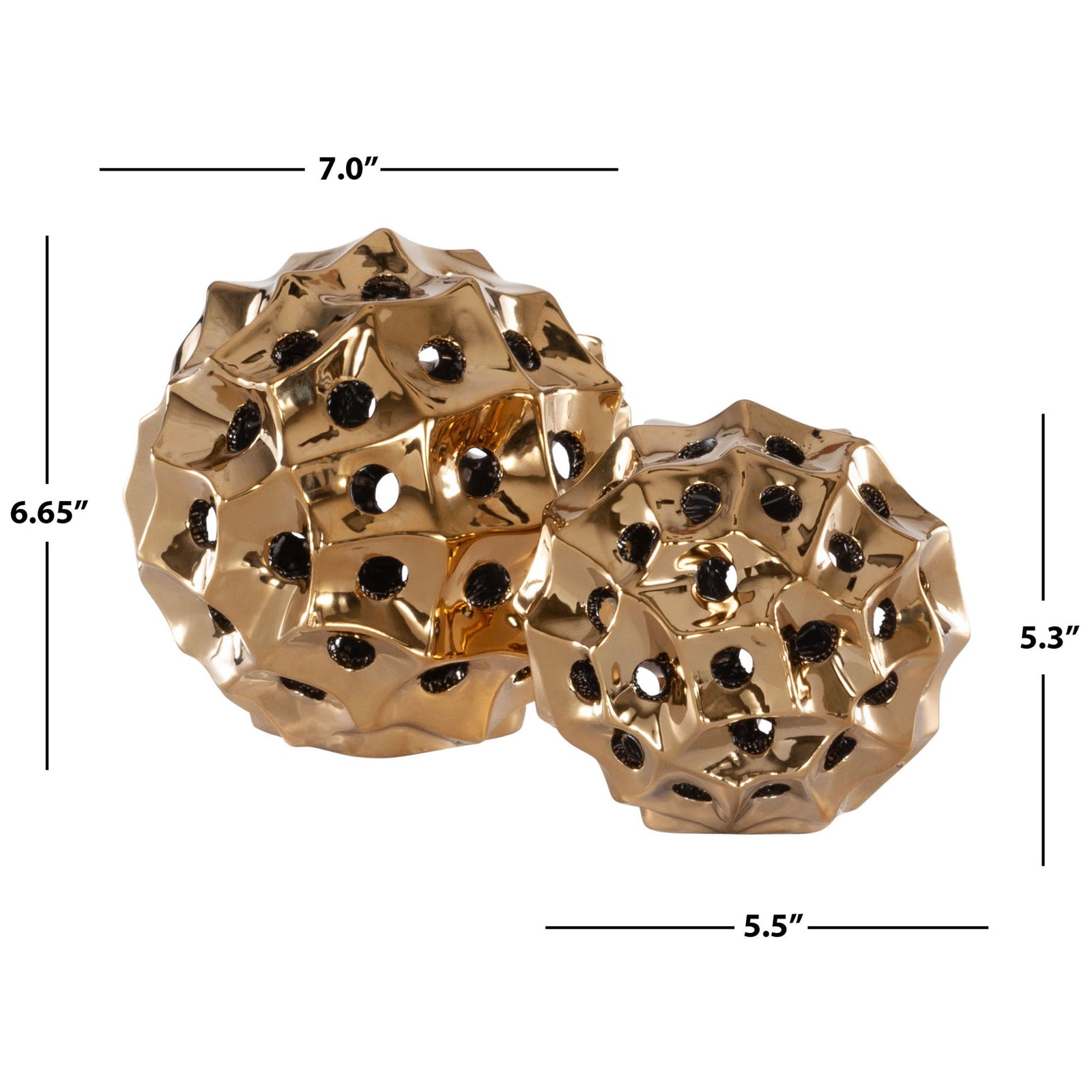 Two gold ceramic spheres stand 6.65 and 5.3 inches tall, bringing shine and airy texture to a tabletop. || RDC4019B-SET2 || dimension_studio