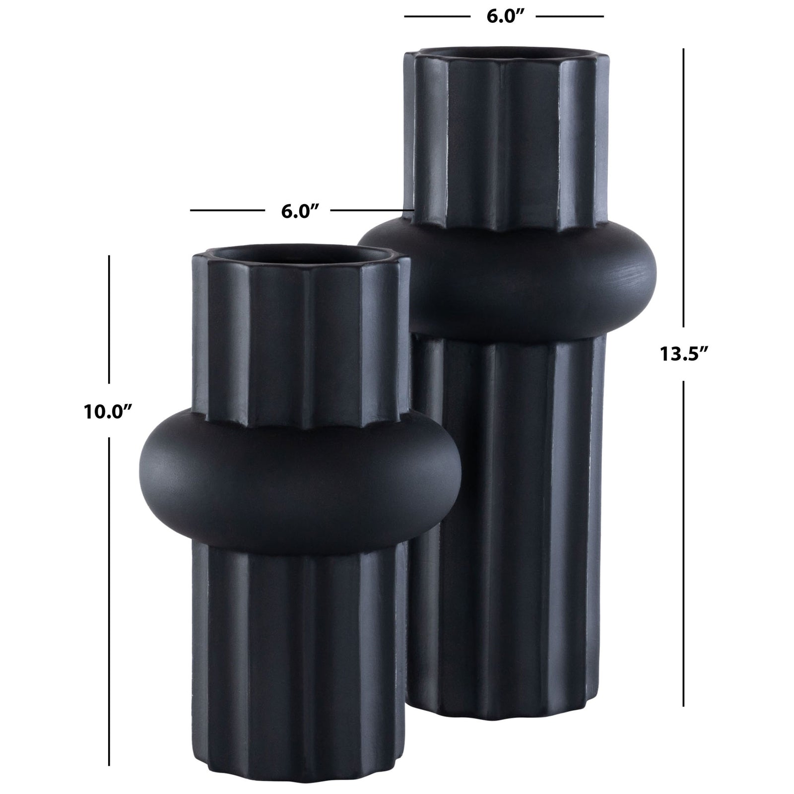 Two antique black ceramic vases stand 10 and 13.5 inches tall, each measuring 6 inches wide. || RDC4020B-SET2 || dimension_studio
