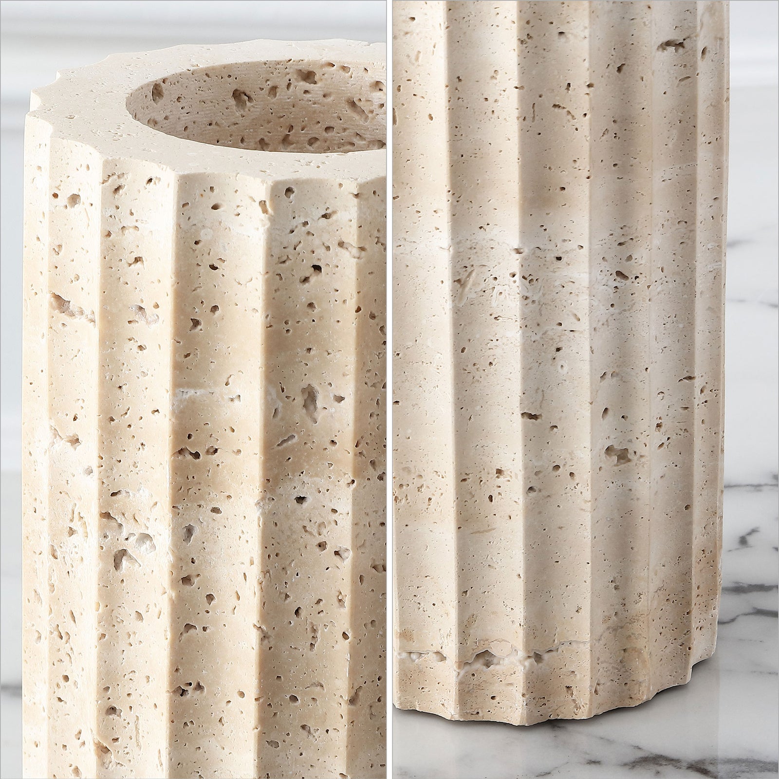 Natural pores and sculpted vertical fluting give the sand-colored travertine vases rich texture. || RDC4023A-SET2 || detail_studio