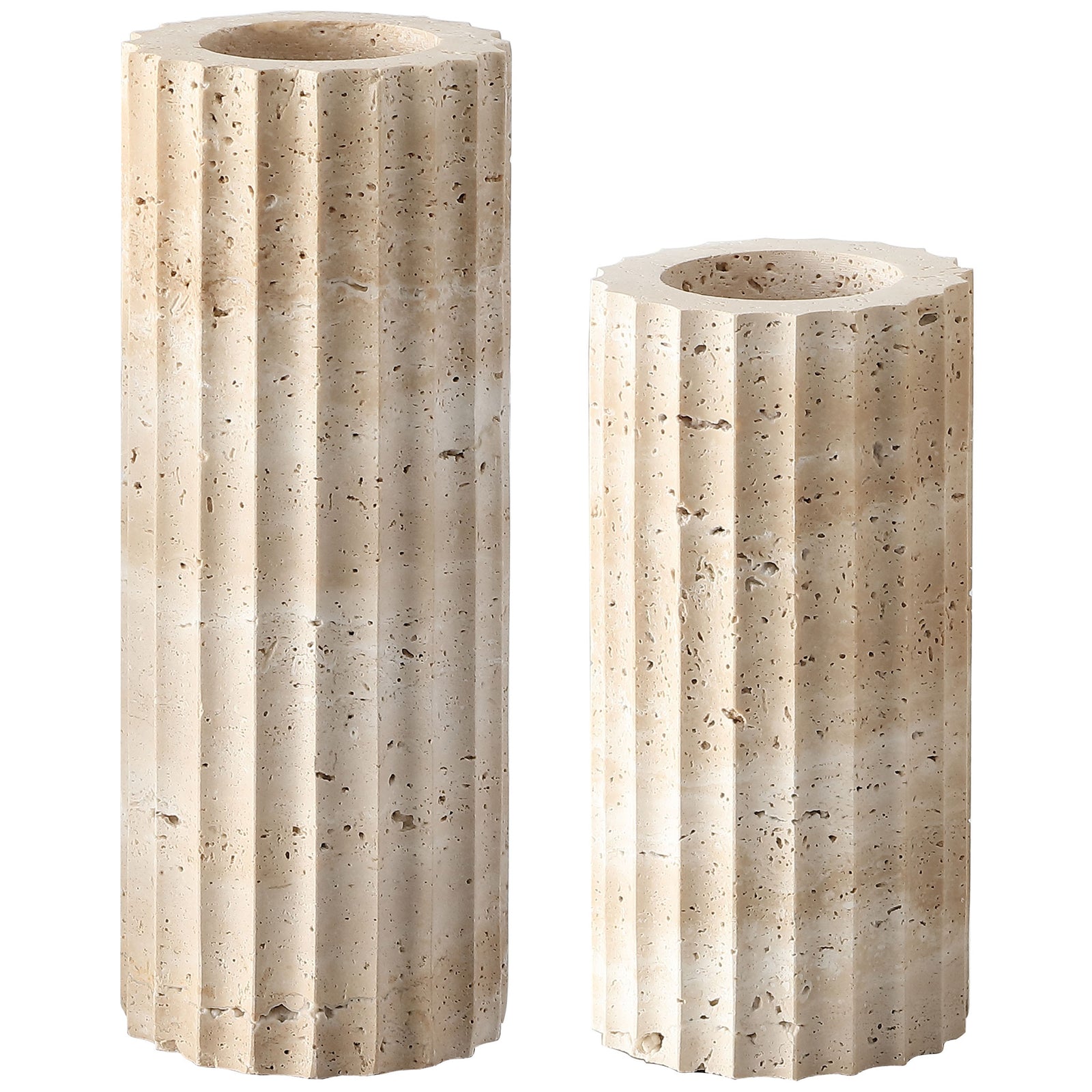 Two sand-colored travertine vases pair tall and short cylindrical forms with fluted sides. || RDC4023A-SET2 || front_studio