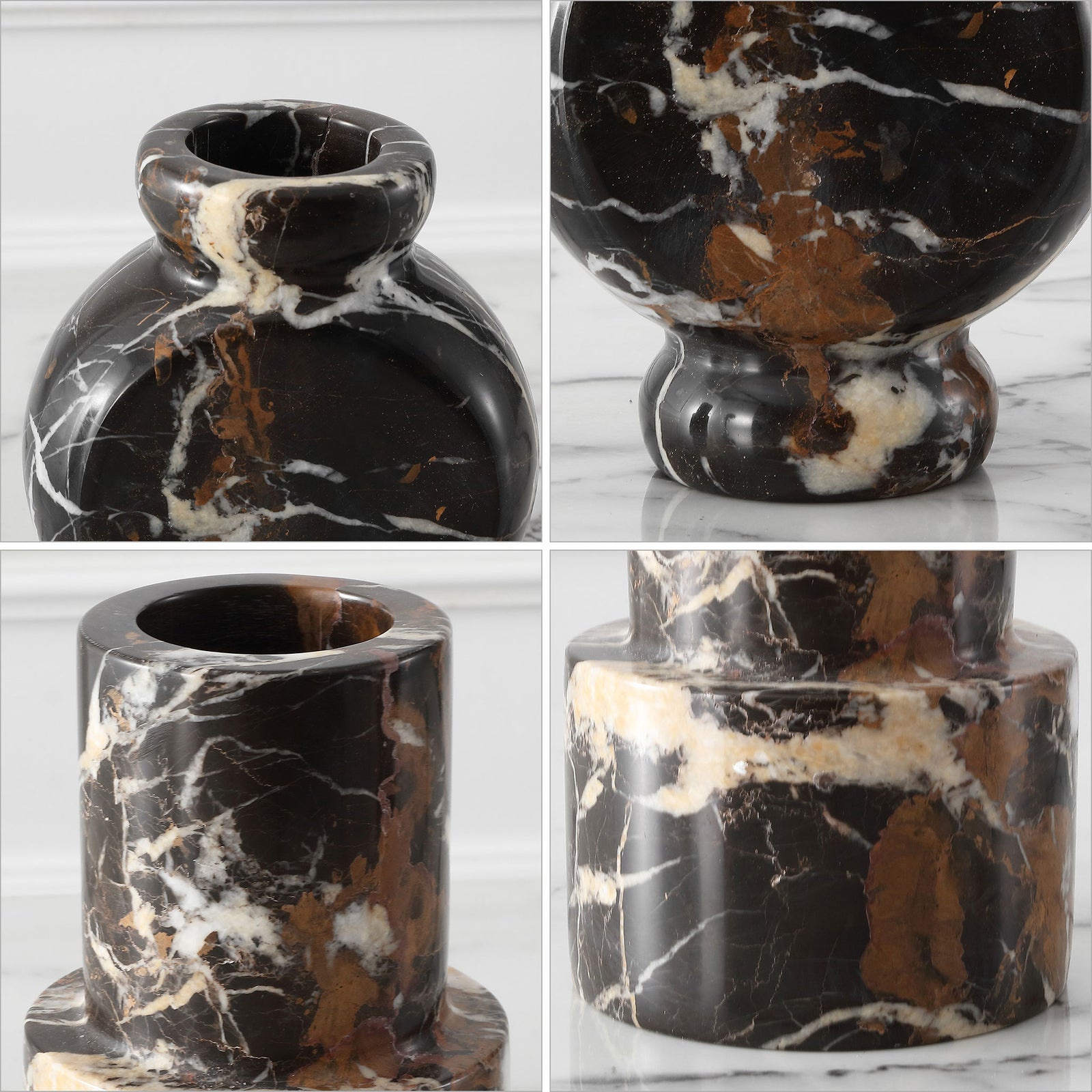 Creamy white veins and earthy brown marbling trace the black stone, highlighting each vase's sculptural curves || RDC4024A-SET2 || detail_studio