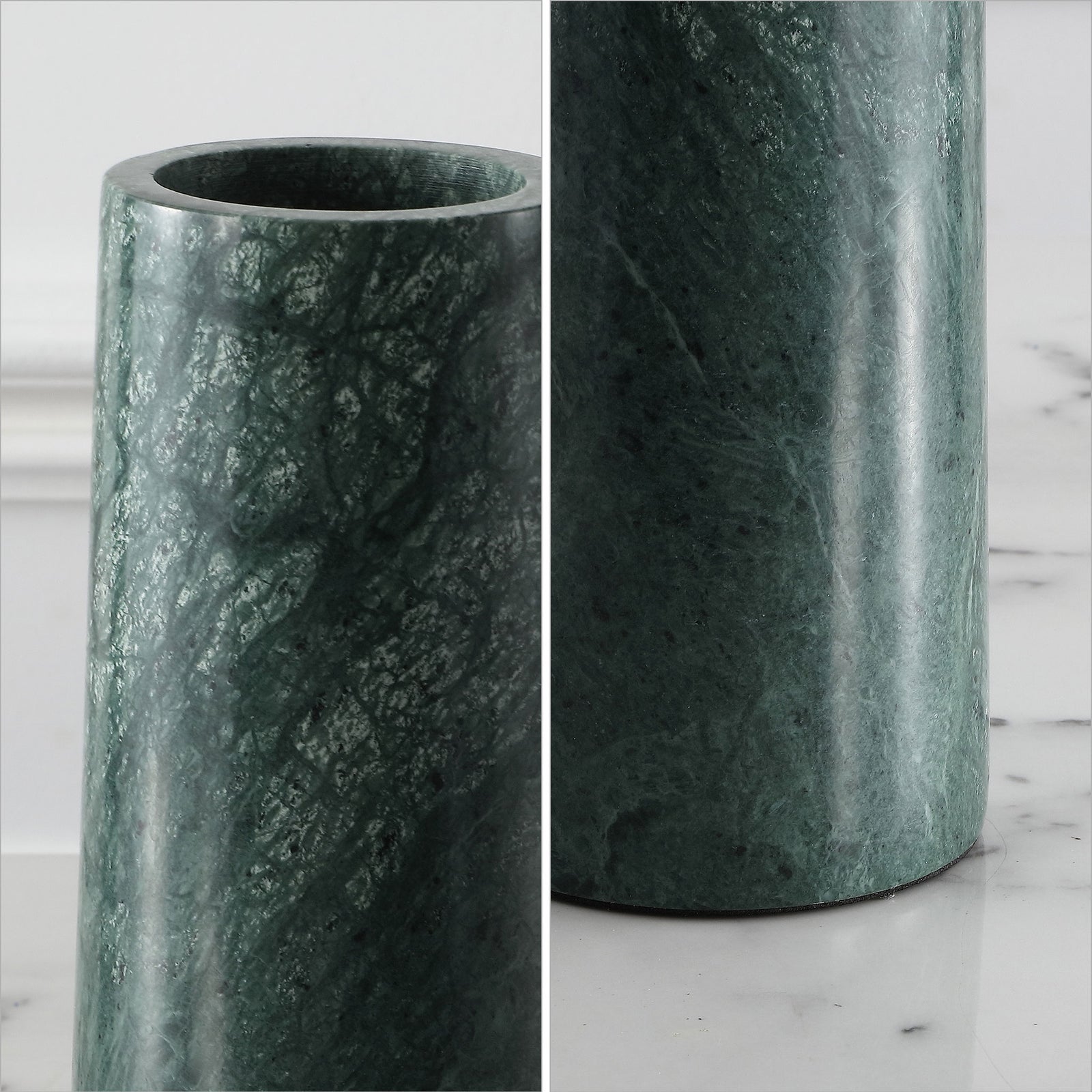 Deep green marble veining and smooth, rounded openings give the vases sculptural appeal. || RDC4025A-SET2 || detail_studio