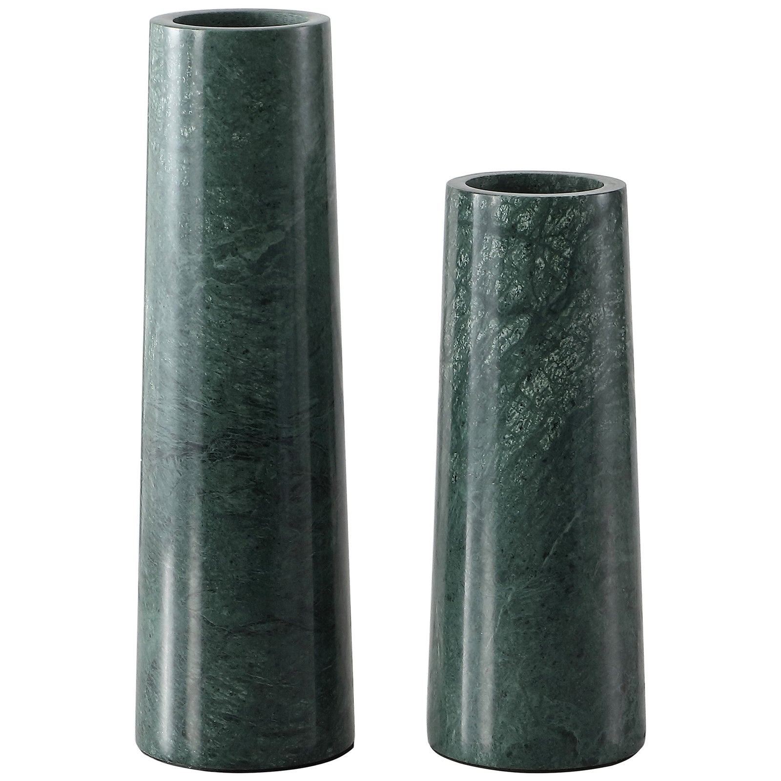 Two tapered green marble vases pair natural veining with contrasting heights. || RDC4025A-SET2 || front_studio